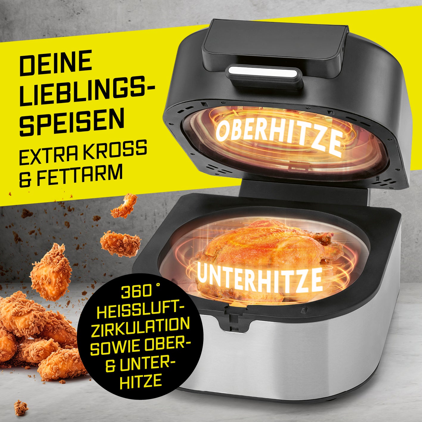 Heißluftfritteuse FryBBQ - 5 Liter mit 360° Heißluftzirkulation für krosse und fettarme Lieblingsspeisen durch Ober- und Unterhitze