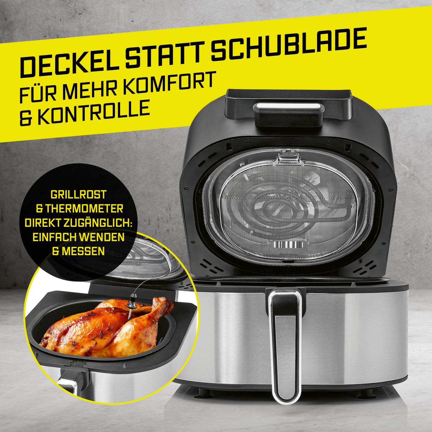 Heißluftfritteuse FryBBQ - 5 Liter mit Deckel statt Schublade, Grillrost und Thermometer für mehr Komfort und Kontrolle.