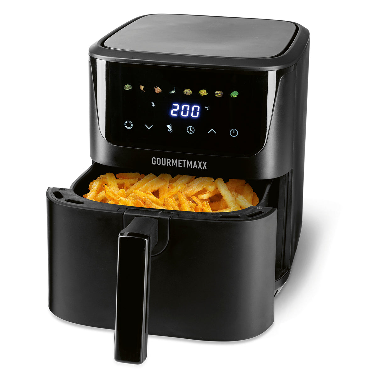 Heißluft-Fritteuse Digital 6,5 Liter - Schwarz mit Pommes und digitaler Anzeige