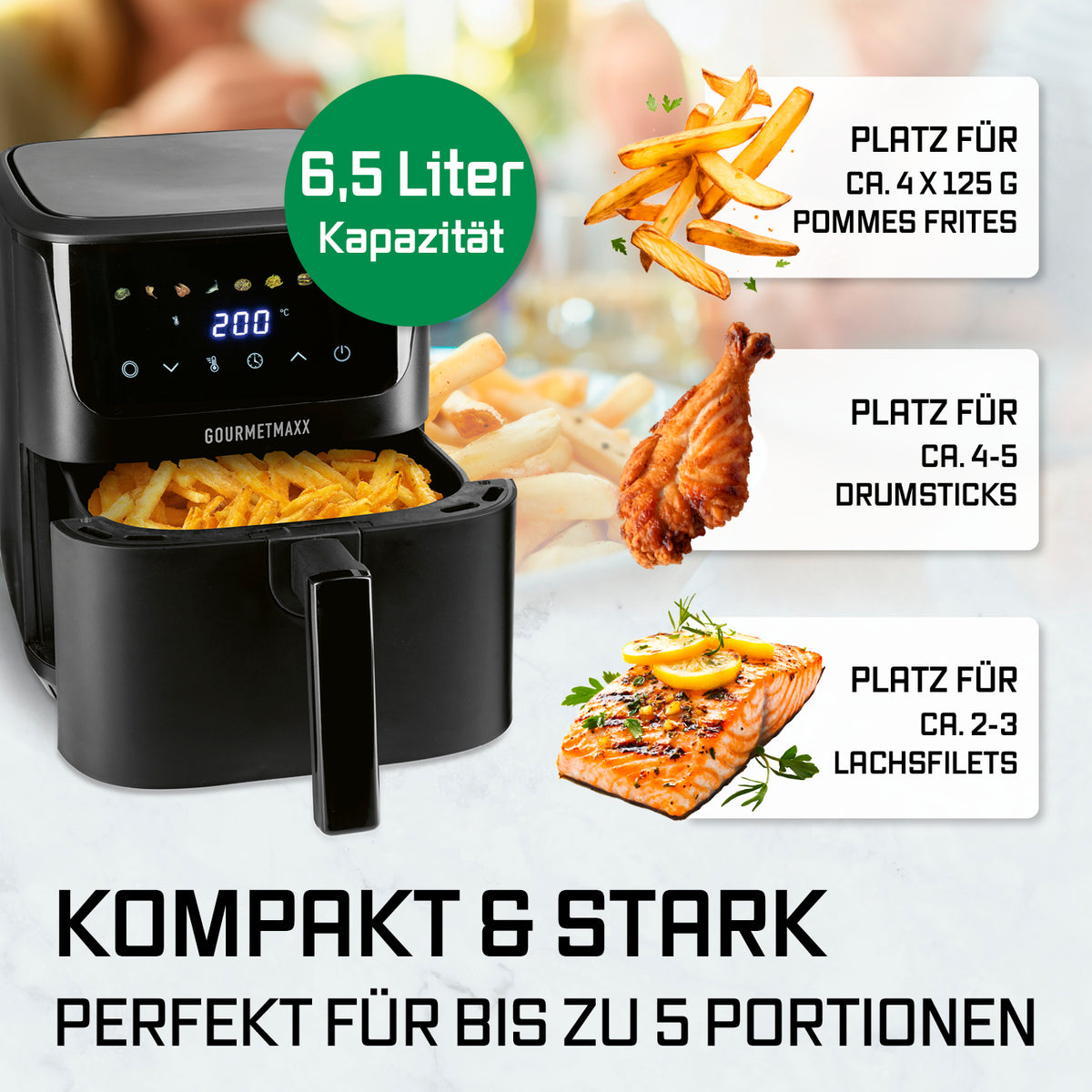 Infografik zur Heißluft-Fritteuse Digital 6,5 Liter - Schwarz mit Platz für Pommes, Drumsticks und Lachsfilets