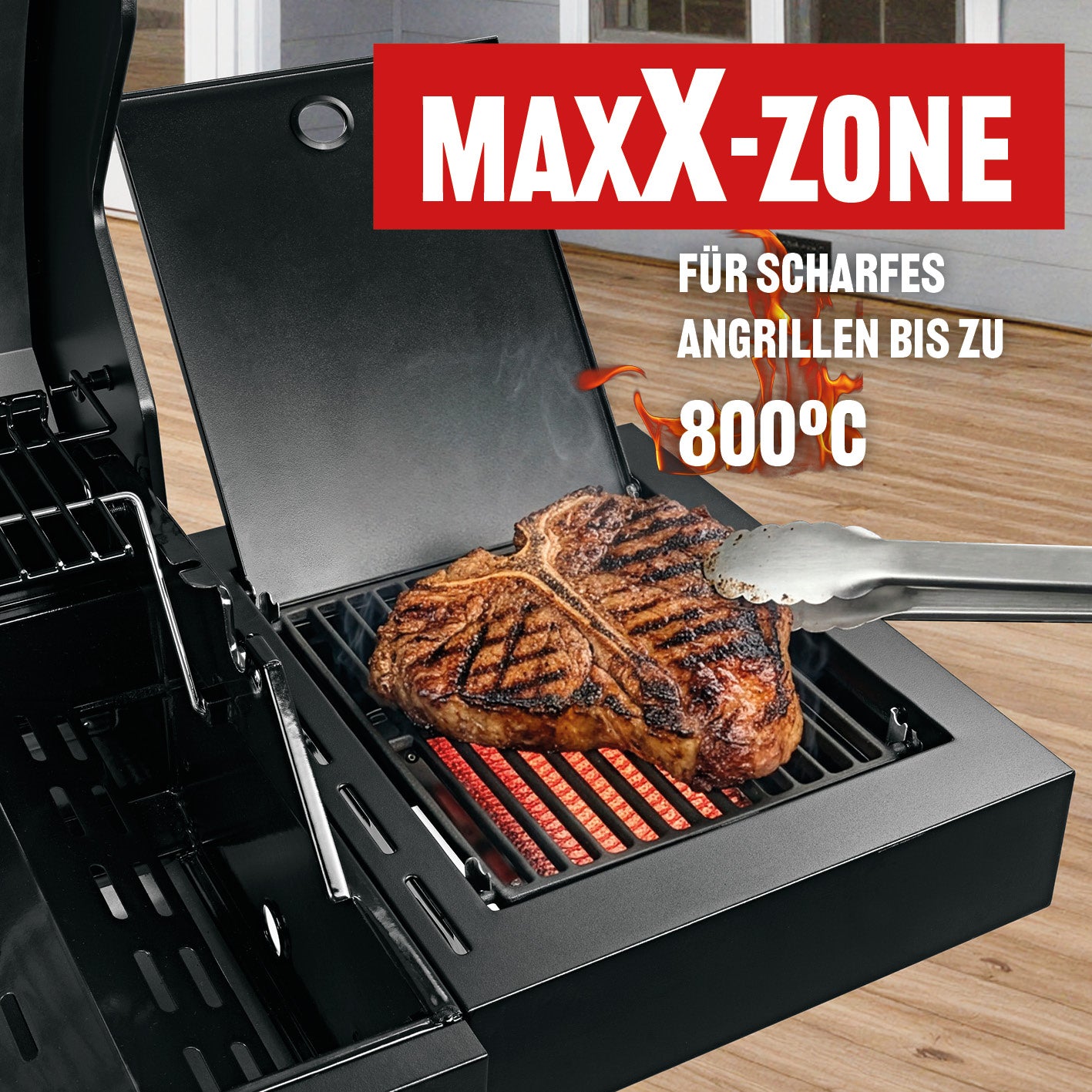 Gasgrill COOL BLACK 5.2 maxX-Zone zeigt Steak auf Hochtemperaturgrill bis 800 °C für scharfes Anbraten