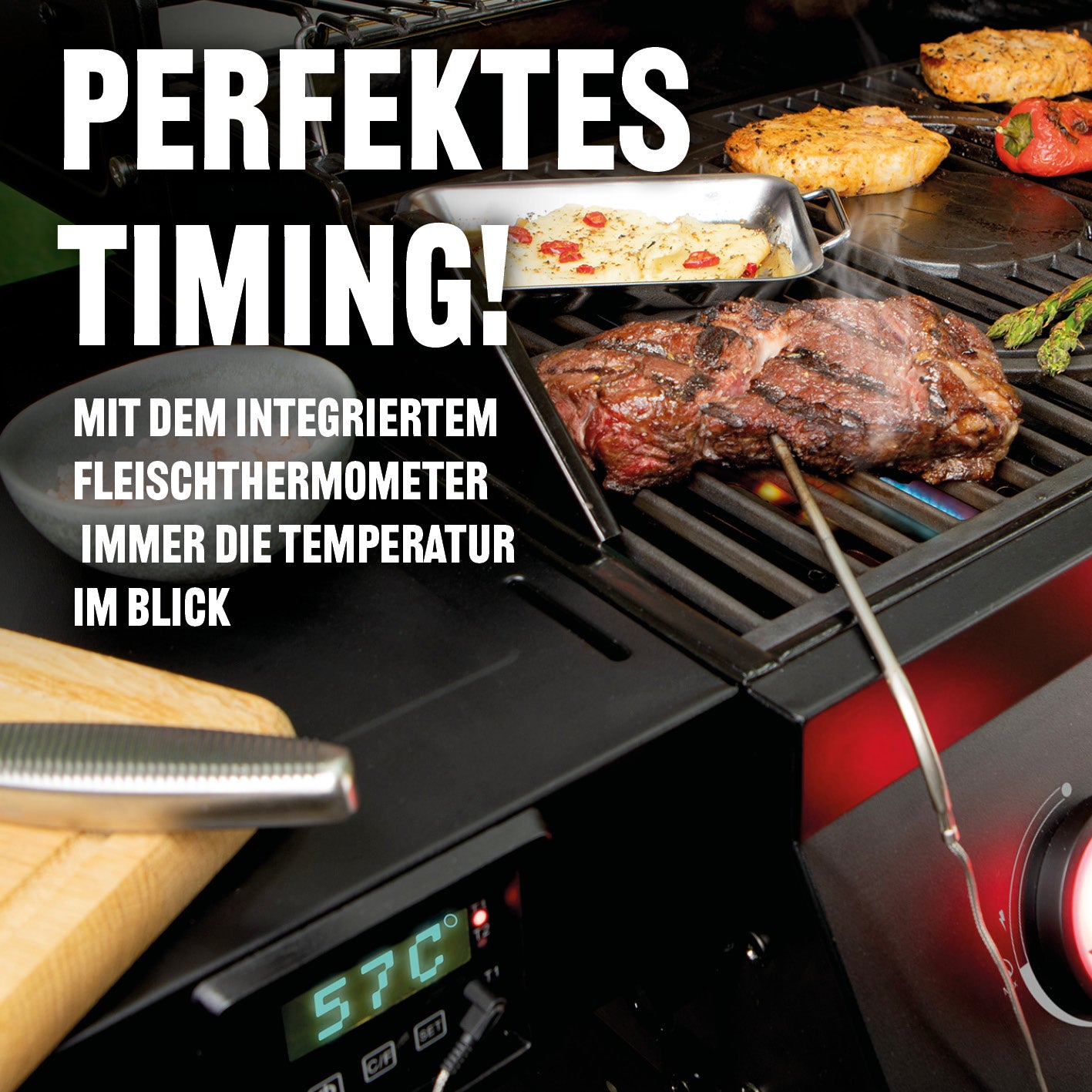 Gasgrill COOL BLACK 5.2 maxX-Zone zeigt integriertes Fleischthermometer und vielseitiges Grillen mit präziser Temperaturkontrolle.