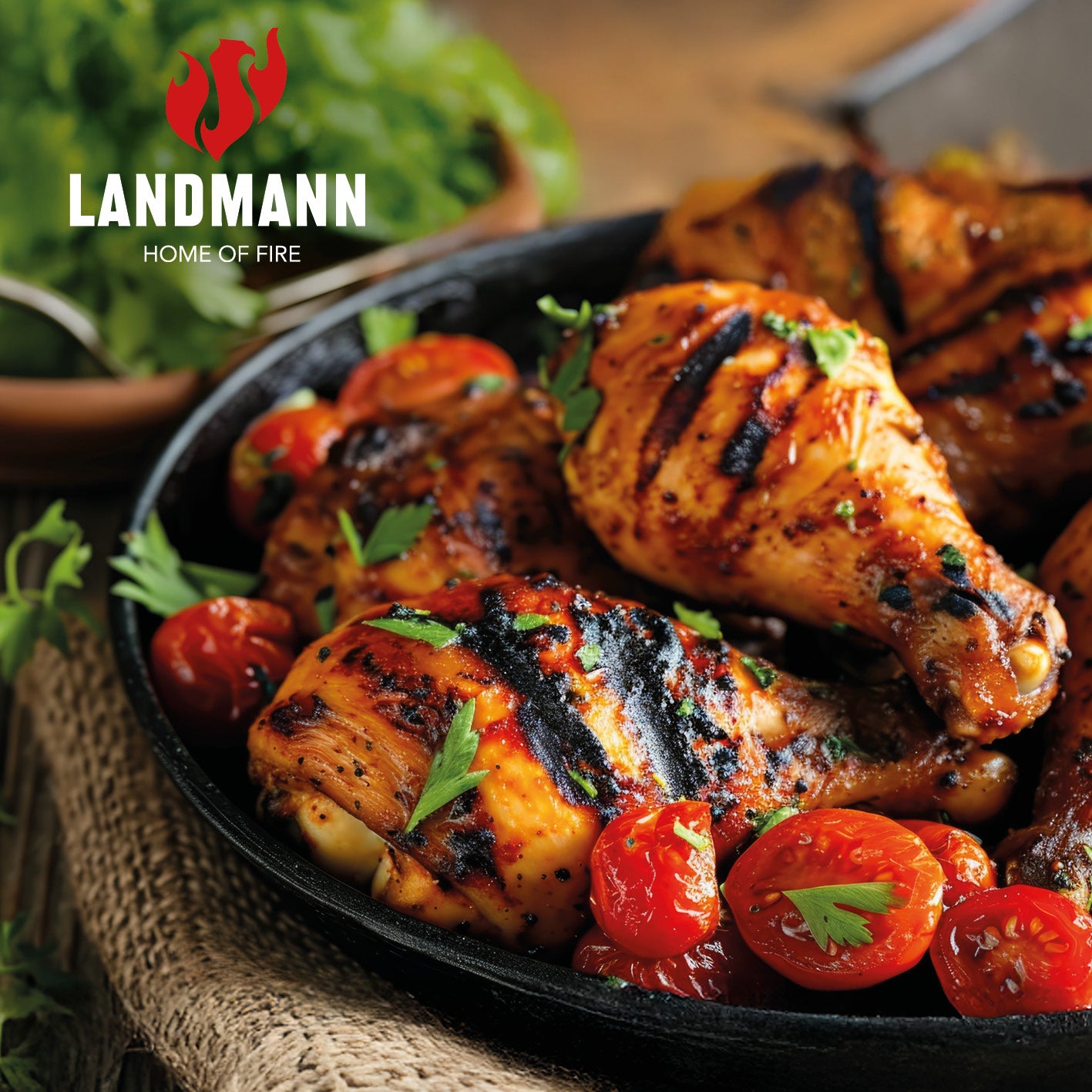 Gegrillte Hähnchenschenkel und Tomaten in einer Pfanne, zubereitet mit dem Gasgrill COOL BLACK 5.2 maxX-Zone