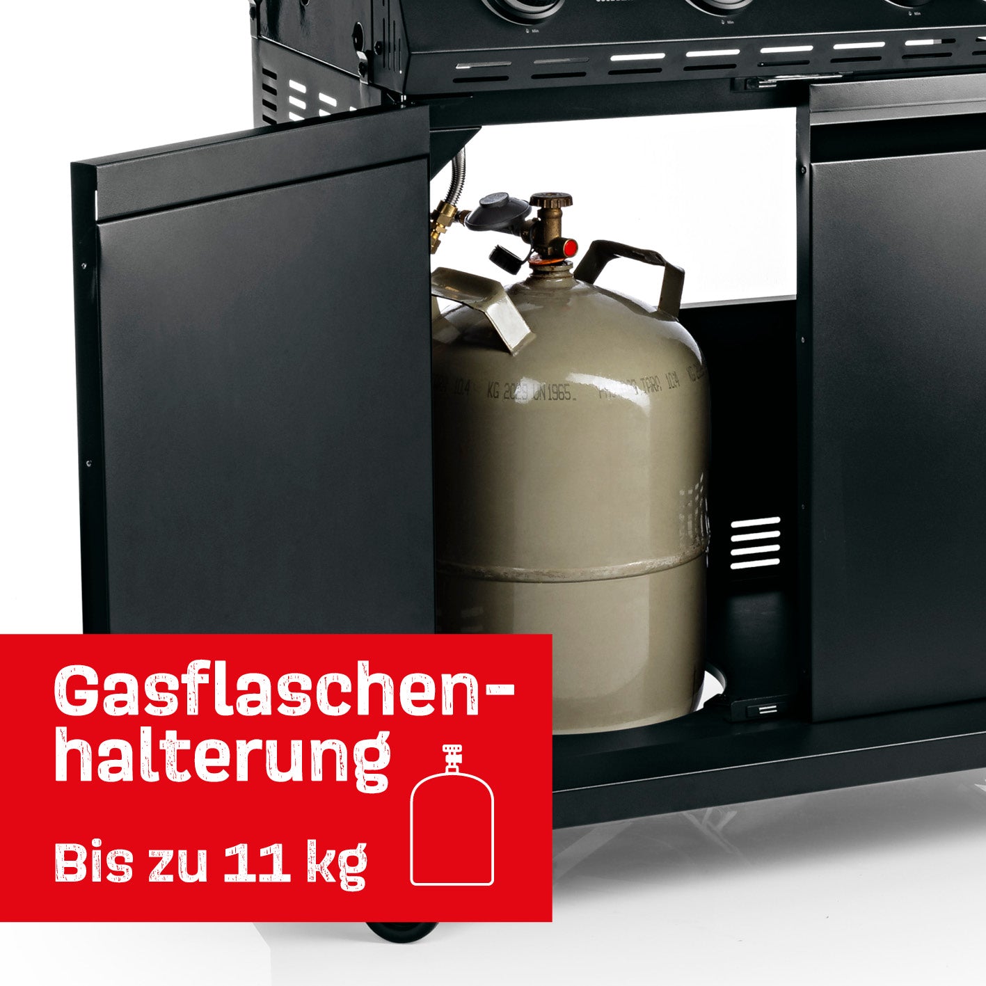 Gasgrill COOL BLACK 4.1 – 4 Brenner + Seitenbrenner mit Gasflaschenhalterung für Flaschen bis zu 11 kg und offenem Unterschrank.