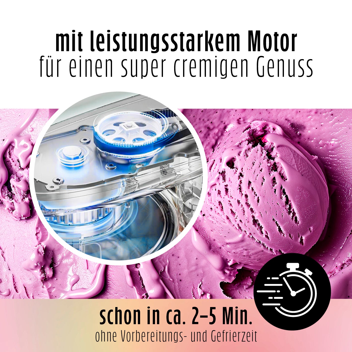 Eismaschine SmoothUp mit leistungsstarkem Motor für cremiges Eis in ca. 2-5 Minuten ohne Vorbereitungs- oder Gefrierzeit