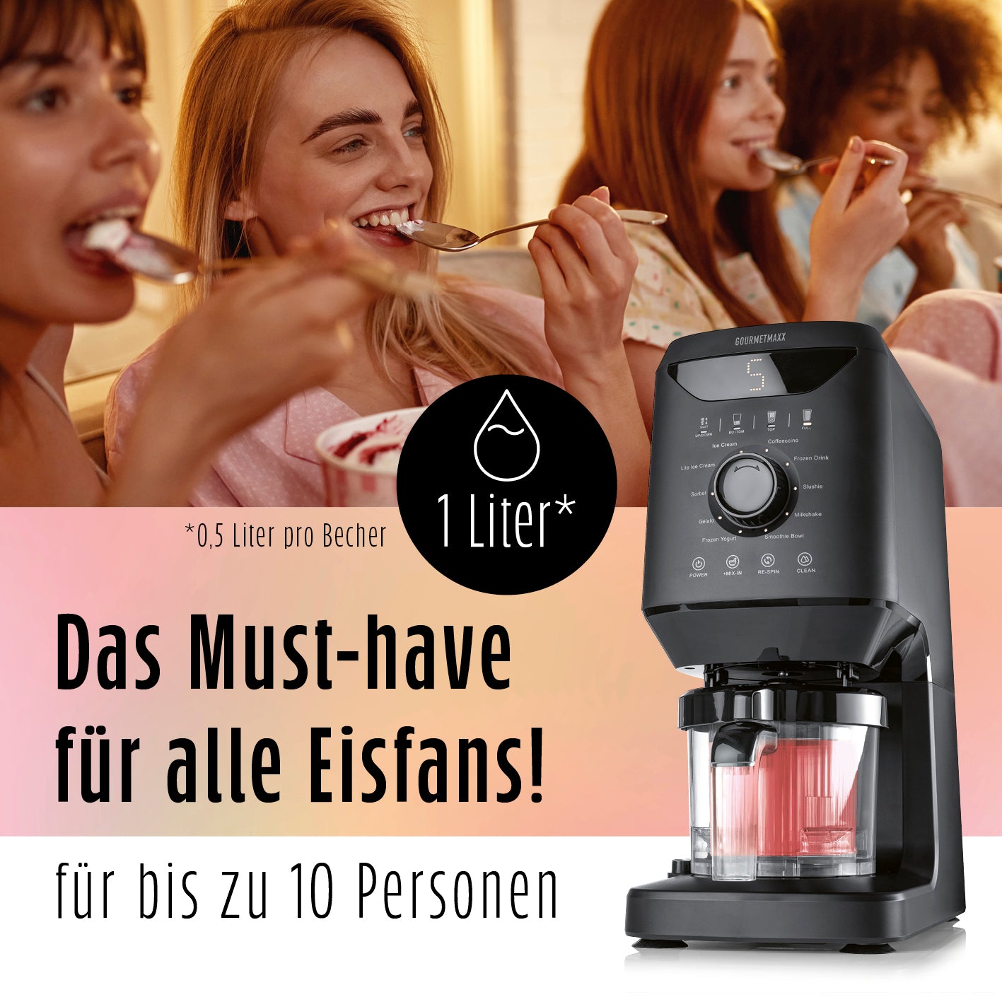 Eismaschine SmoothUp für bis zu 10 Personen mit 1 Liter Fassungsvermögen – ideal für kreative Drinks und Desserts.