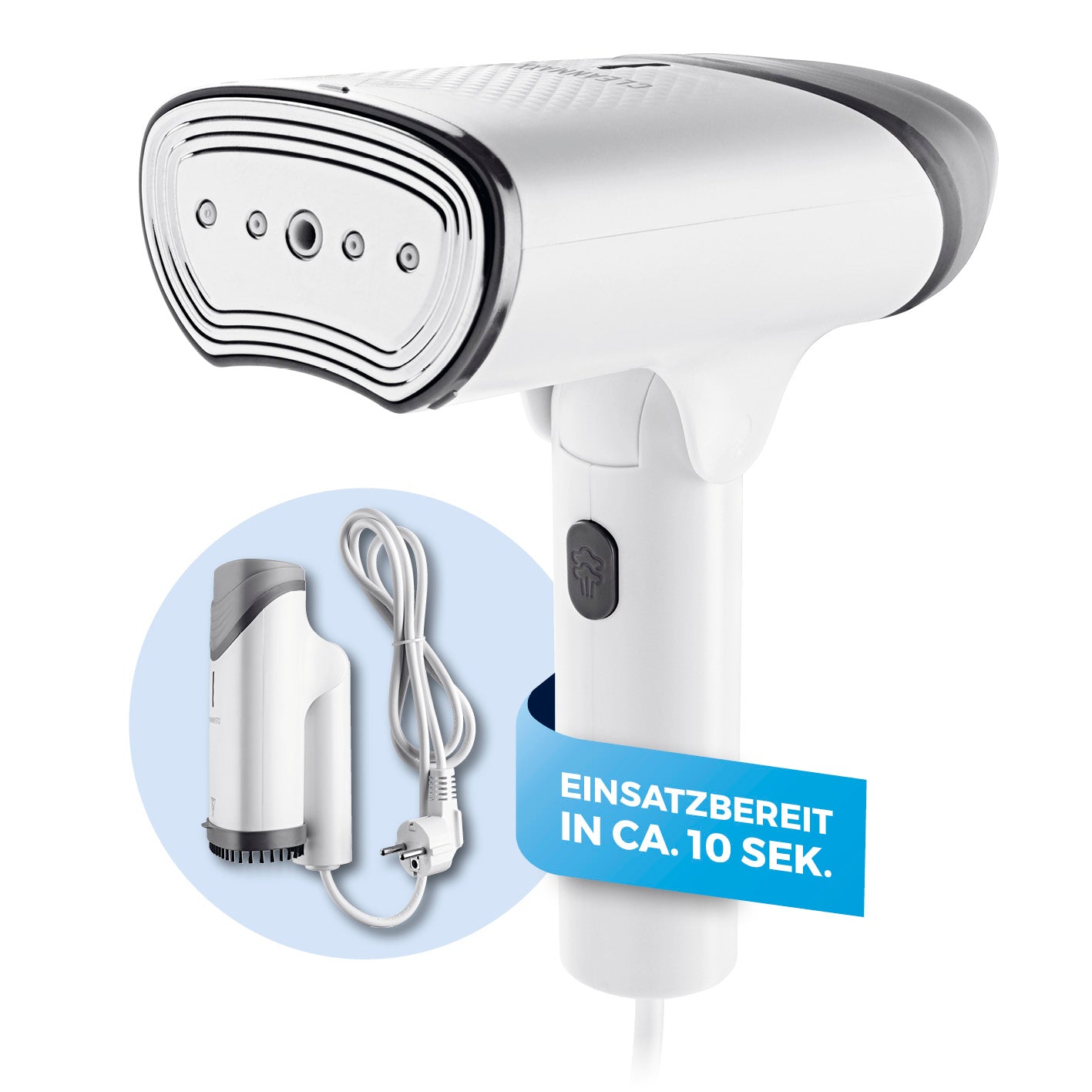 2in1-Dampfbürste Nahaufnahme, weiße Dampfbürste in Galerieposition 1 quadratisch 1417x1417, schnelle Einsatzbereitschaft sichtbar