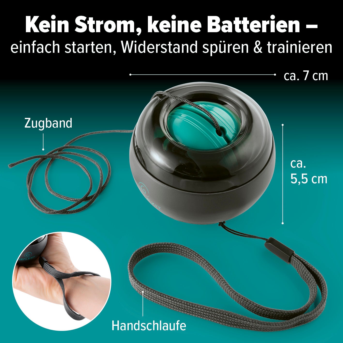 Spinball Trainingsgerät zur Stärkung von Griffkraft und Unterarm, ohne Strom oder Batterien, mit Zugband und Handschlaufe.