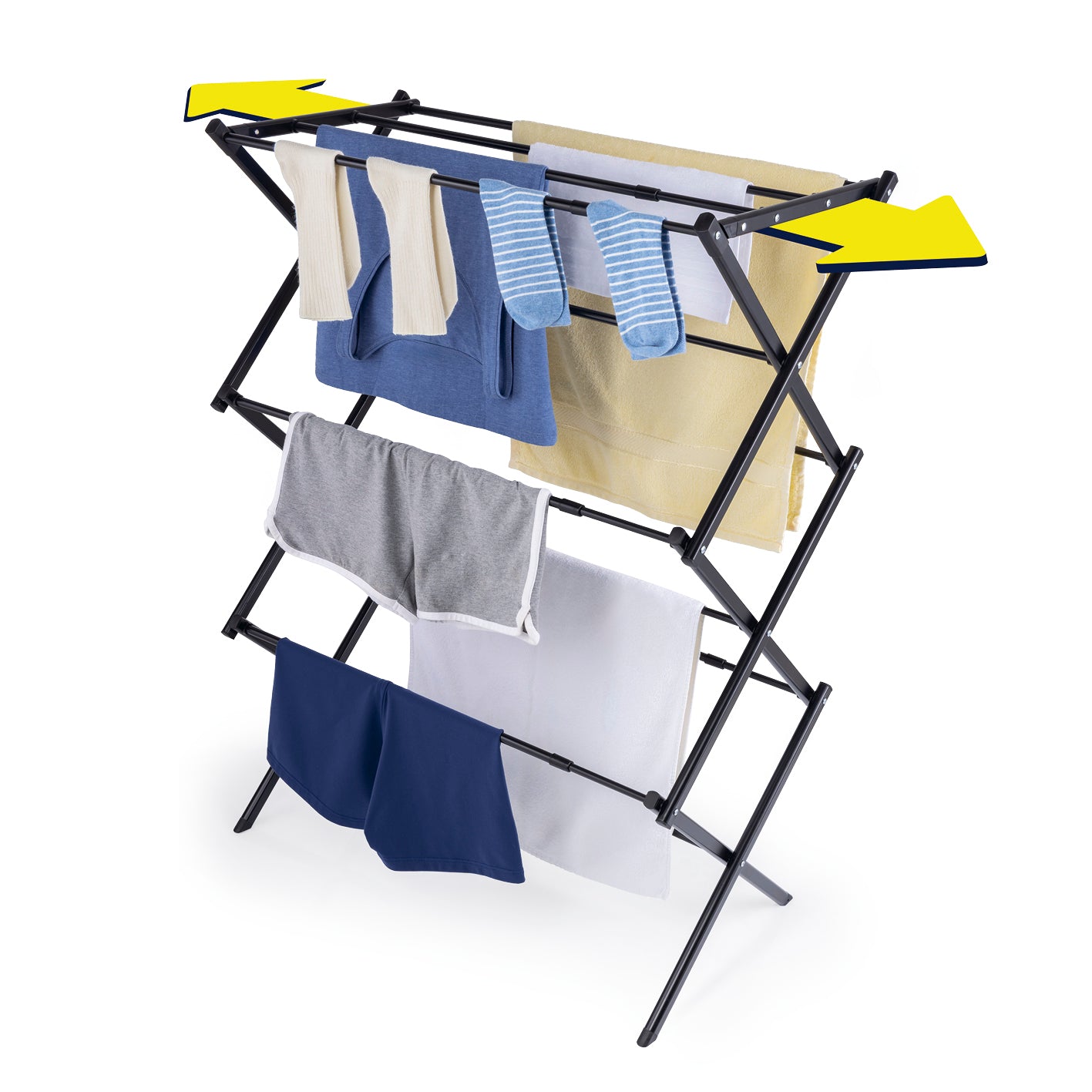 Teleskop-Wäscheständer 1200 mit ausziehbaren Seiten, kompakt und großzügig, Wäsche auf mehreren Ebenen trocken in quadratischer Galerieansicht.