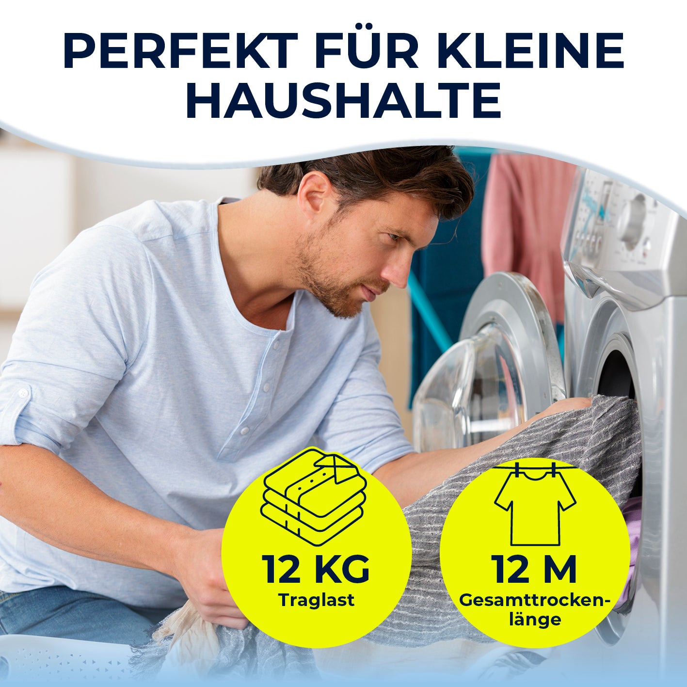 Teleskop-Wäscheständer 1200, Bild 3, zeigt Waschen mit 12kg Traglast und 12m Trockenlänge, kompakt für kleine Haushalte.