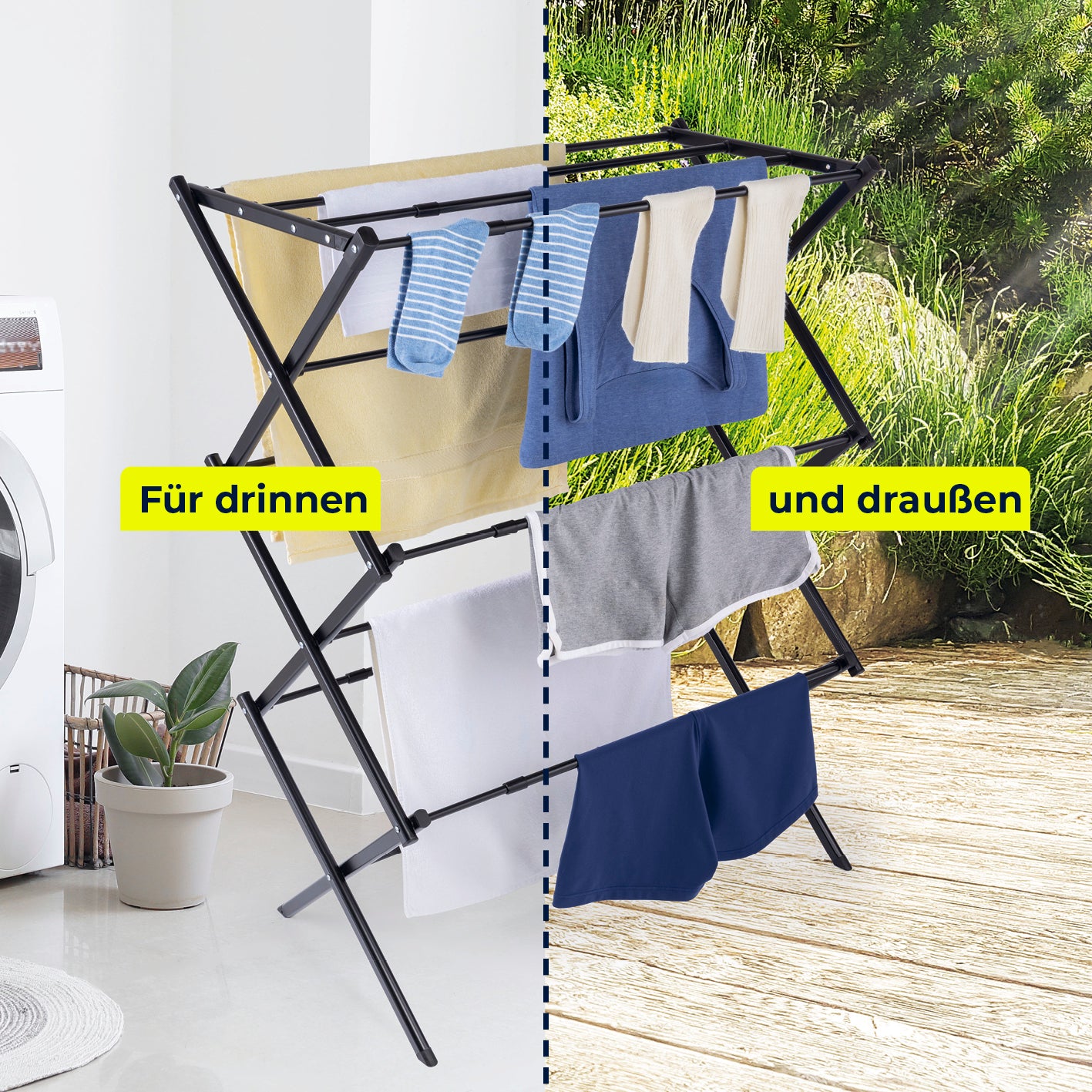 Teleskop-Wäscheständer 1200 zeigt platzsparendes Design für drinnen und draußen in quadratischem Bild, Galerieposition 4.