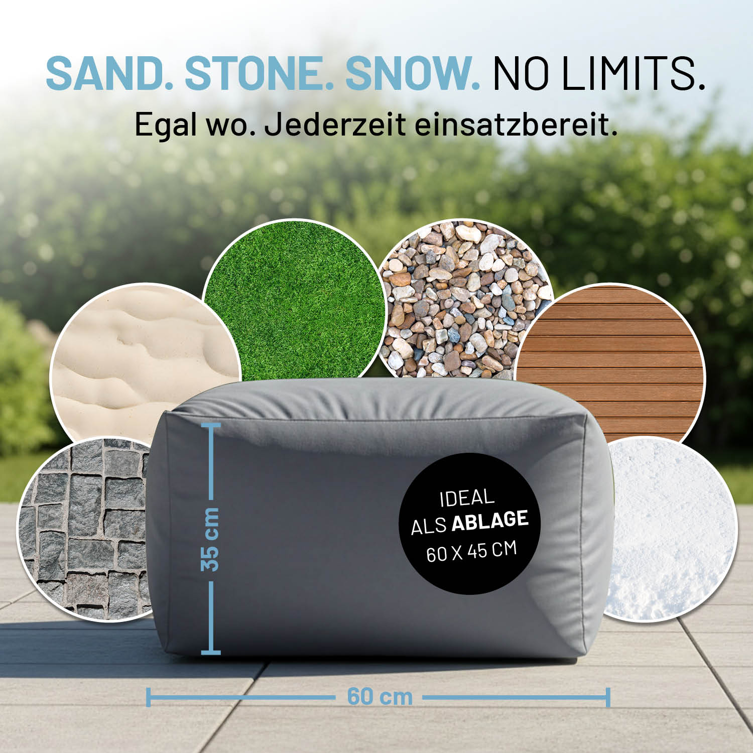 CrozyAir Lufthocker - 60 x 45 x 35 cm - Grau als vielseitiger Outdoor-Hocker ideal für Sand, Stein, Schnee und jede Umgebung.