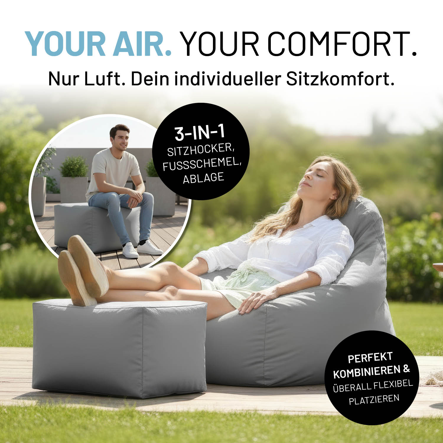CrozyAir Lufthocker - 60 x 45 x 35 cm - Grau als Sitzhocker und Fußschemel für flexiblen Outdoor-Komfort.