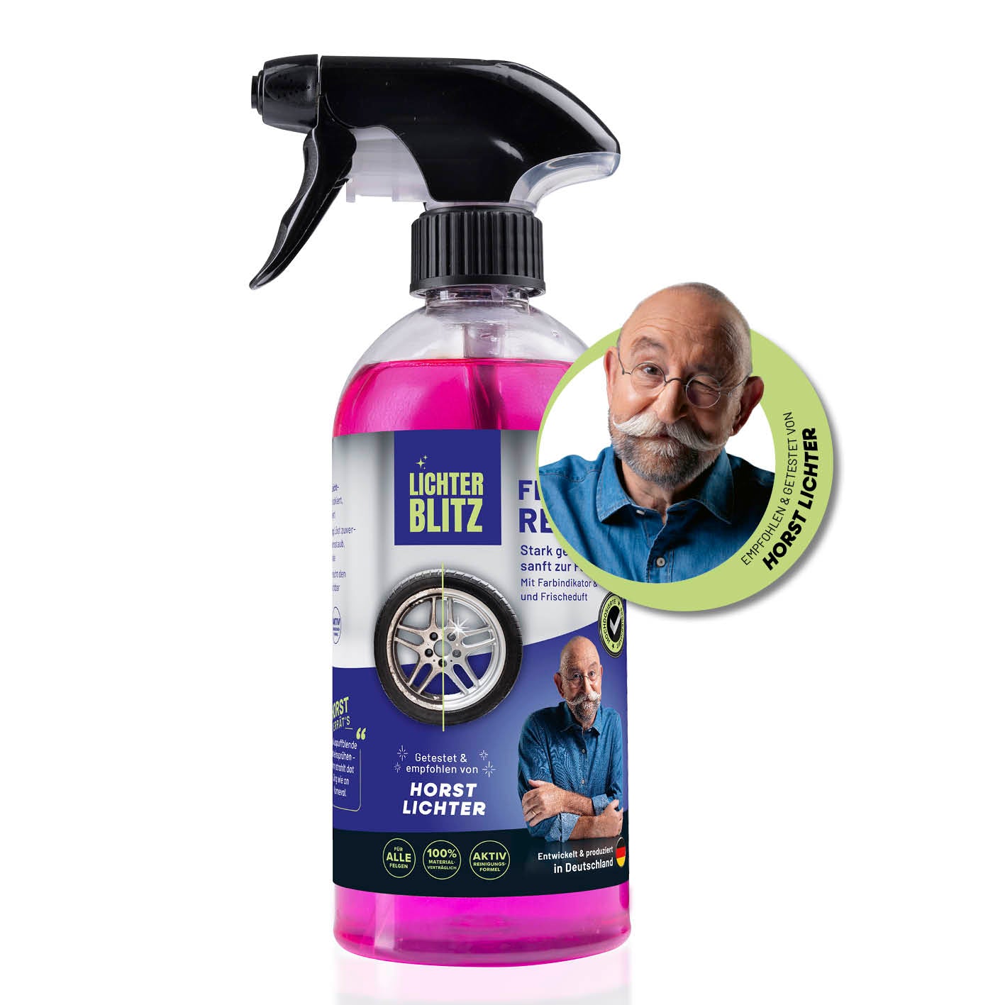 Felgenreiniger - 500 ml in quadratischem Bild, erste Galerieposition, mit klar erkennbarem pinkfarbenem Reiniger und Spraykopf.