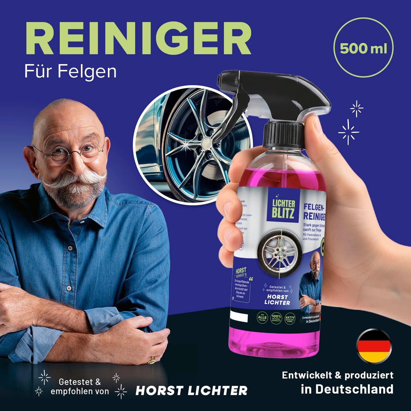 Produktbild Felgenreiniger - 500 ml mit Hand, Felge und Horst Lichter vor blauem Hintergrund, quadratisch 1417x1417px