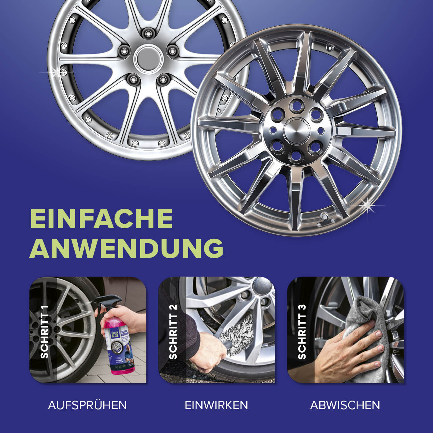 Felgenreiniger - 500 ml zeigt Anwendungsschritte Sprühen Einwirken Abwischen für intensive Felgenreinigung, Galerieposition 4 quadratisch