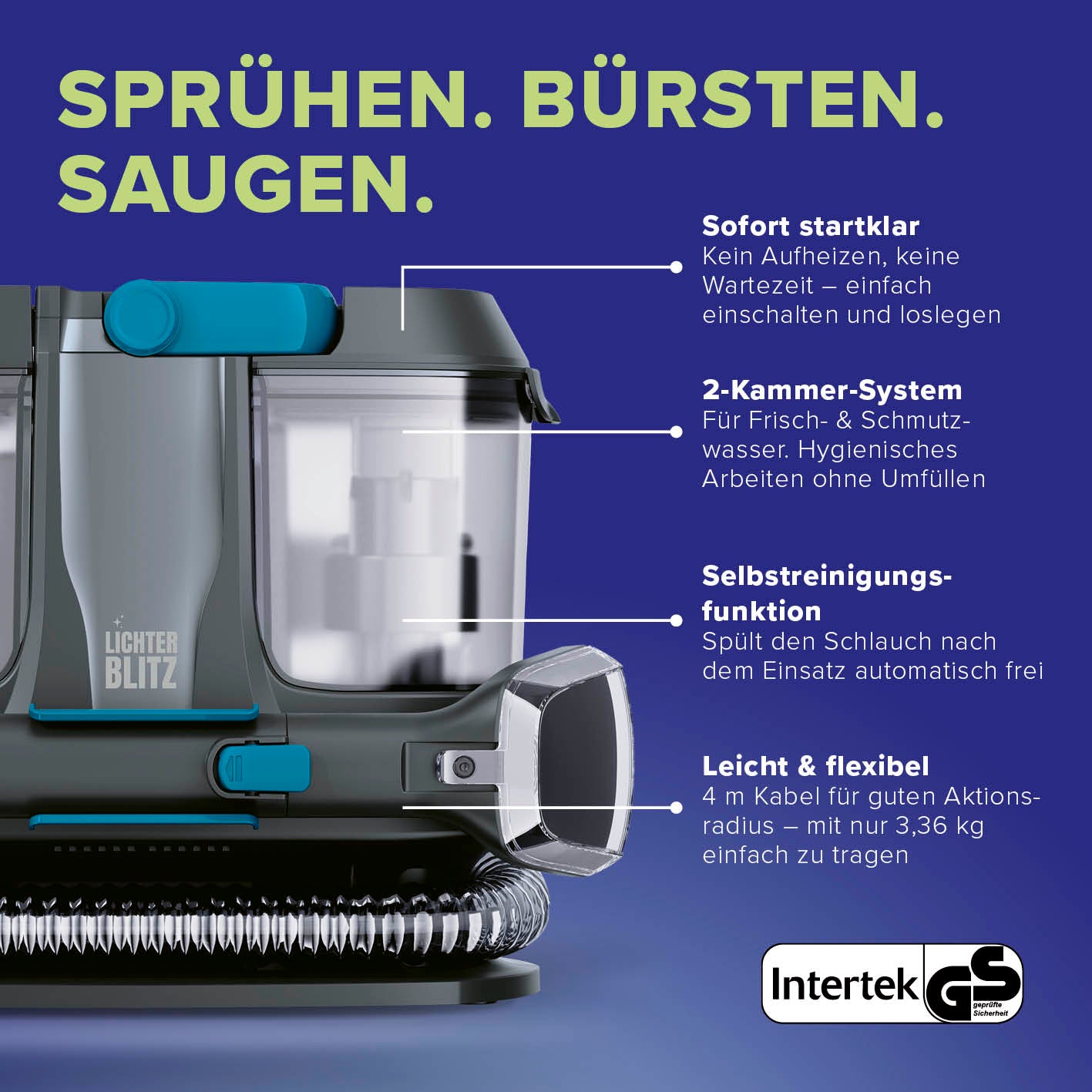 Waschsauger & Polsterreiniger Gerät quadratische Nahaufnahme mit Fokus auf Sprüh- und Bürstfunktion Gallery Position 4