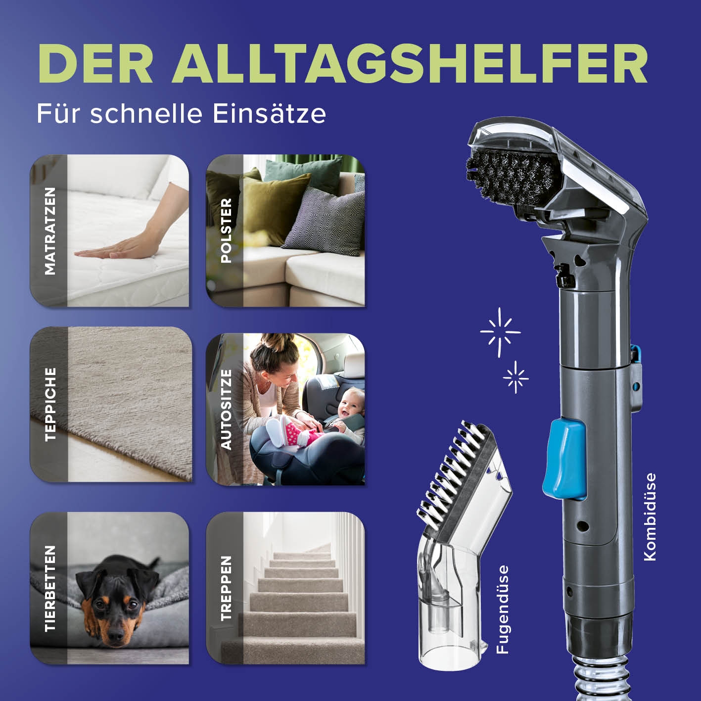 Waschsauger & Polsterreiniger Gerät in Galerieposition 5 quadratisch 1417x1417 mit Bürstenaufsätzen für vielseitige Reinigung