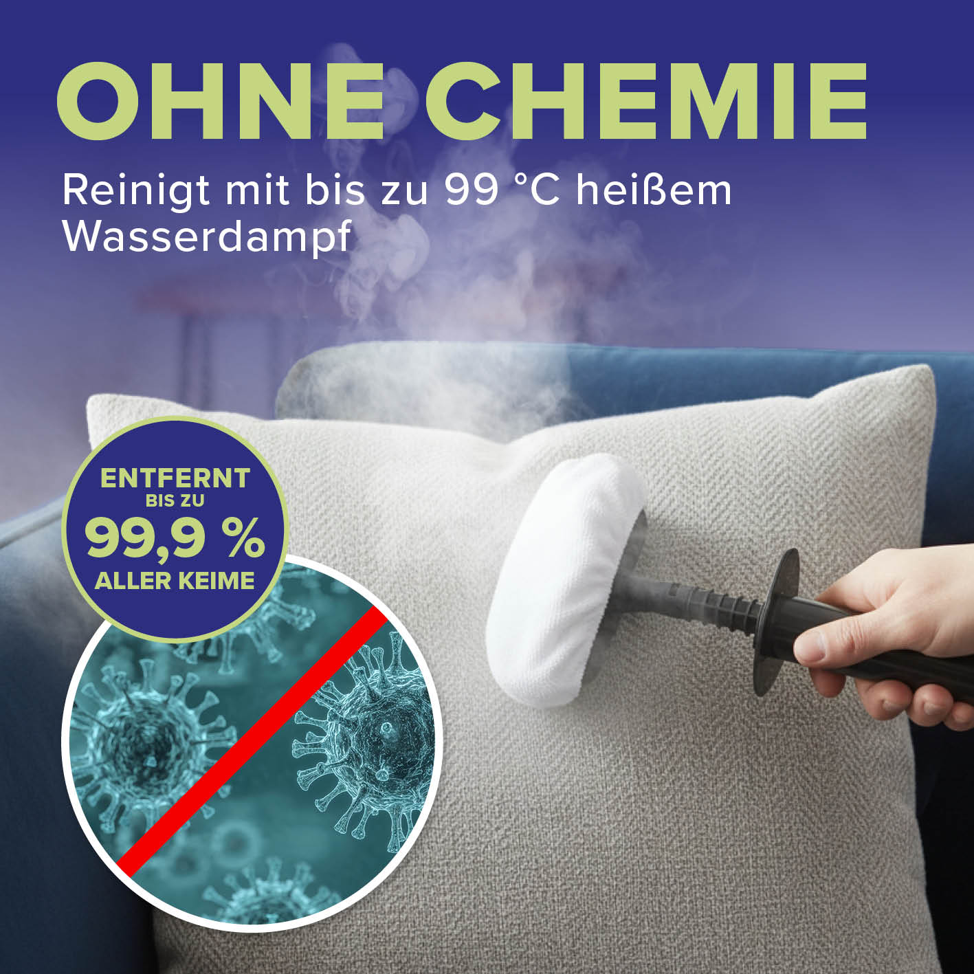 Handdampfreiniger reinigt hygienisch ohne Chemie mit bis zu 99 °C heißem Wasserdampf und entfernt bis zu 99,9 % aller Keime.