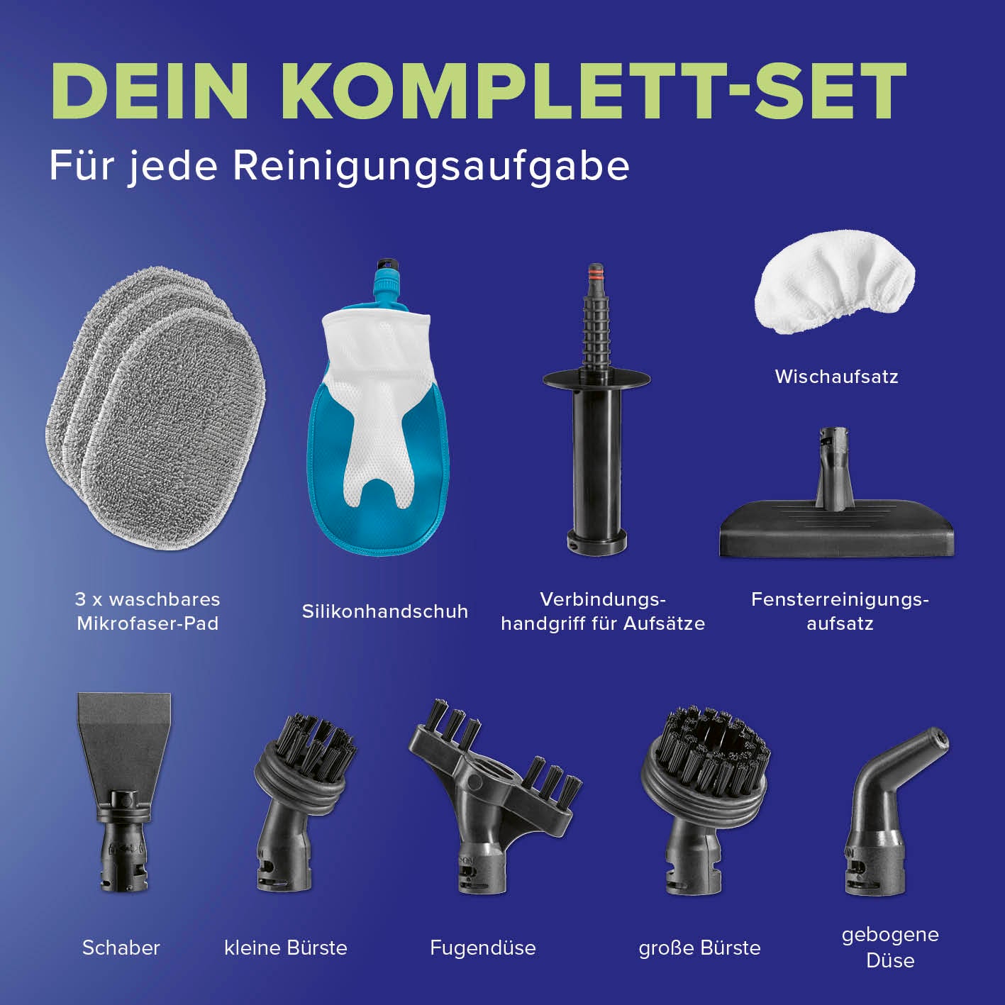 Handdampfreiniger Komplett-Set mit vielfältigen Zubehörteilen für gründliche Reinigung und vielseitigen Einsatz bei allen Aufgaben.