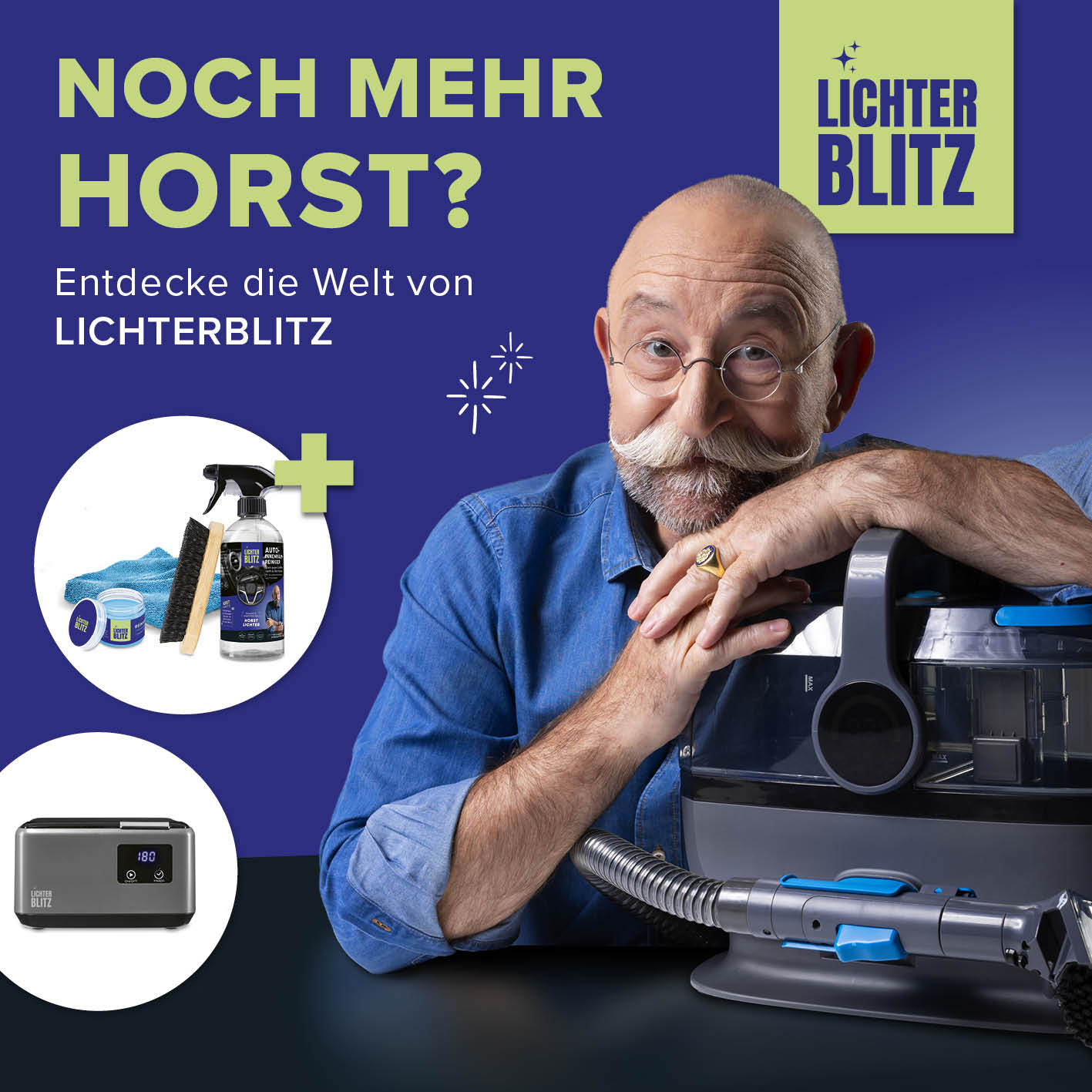 Mann mit Bart präsentiert Reinigungsset Felgen – 4-tlg. vor Staubsauger und Zubehör im Werbebild von Lichterblitz.