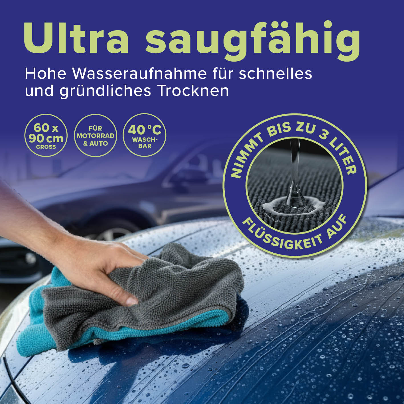 Trockentuch für Auto & Motorrad zeigt ultra saugfähiges Material, 60x90 cm, nimmt bis zu 3 Liter Wasser auf, ideale Trockenleistung.