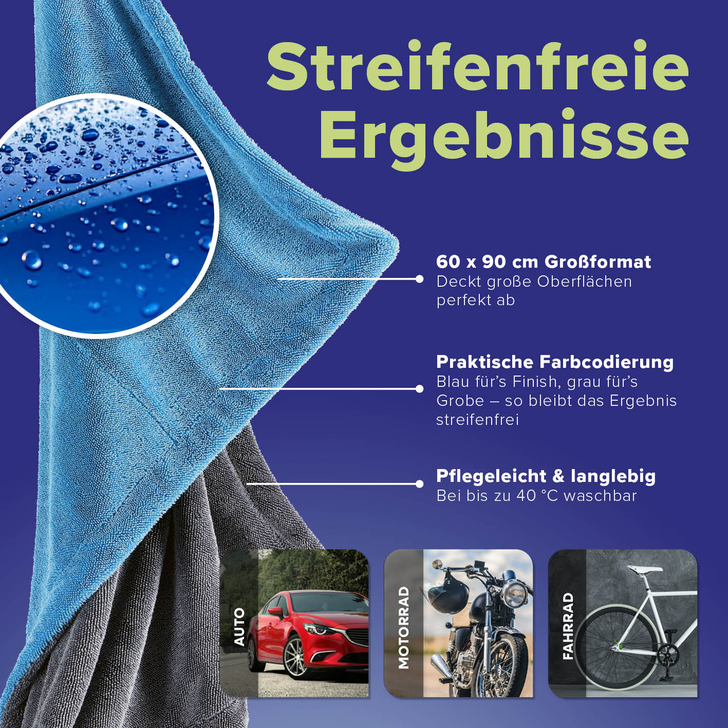 Trockentuch für Auto & Motorrad in Galerie 4 zeigt blau-graues 60x90 cm Tuch mit streifenfreiem Finish, pflegeleicht und langlebig.