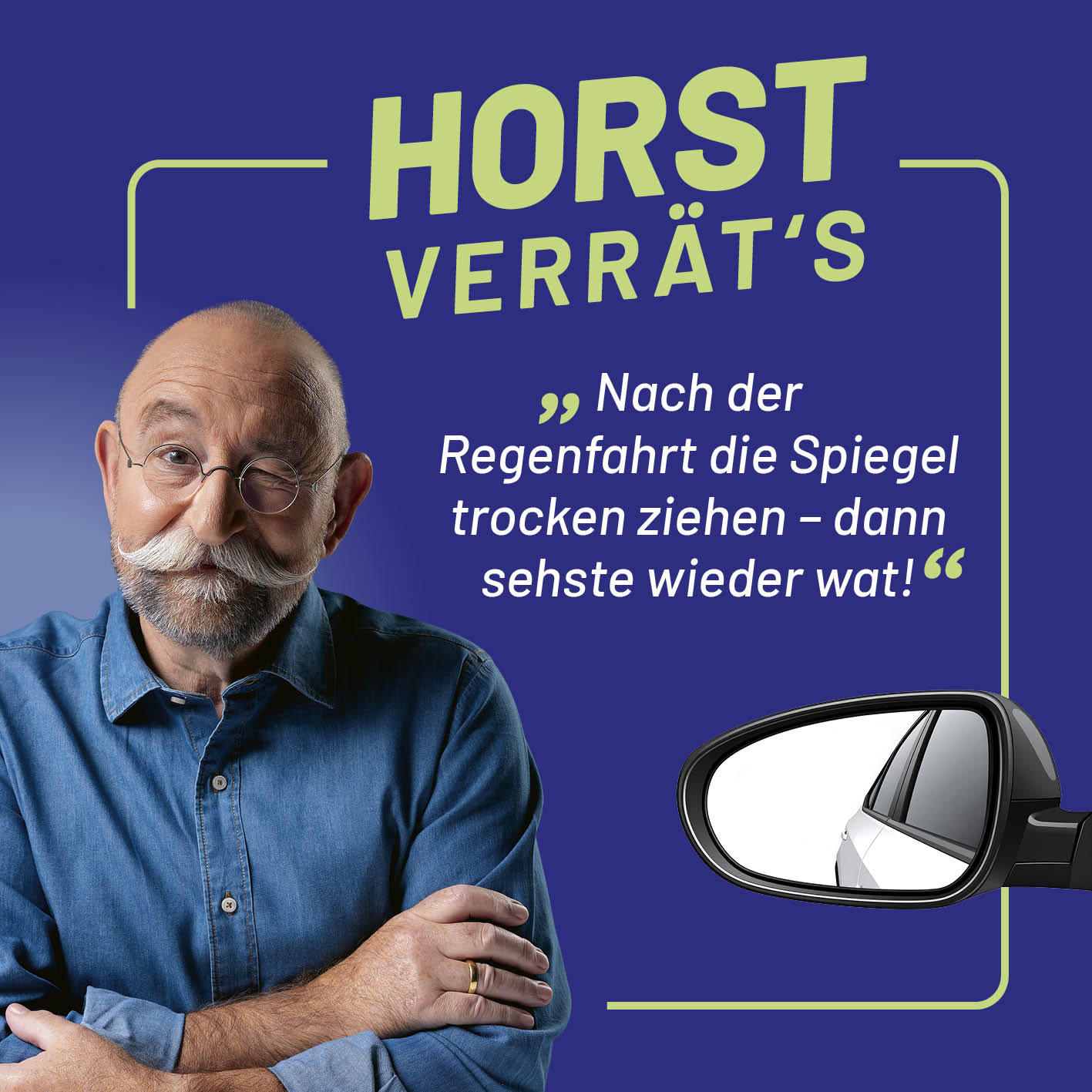 Trockentuch für Auto & Motorrad gezeigt mit Horst Lichter und Zitat, quadratisch, Galerieposition 5, 1417x1417 Pixel.