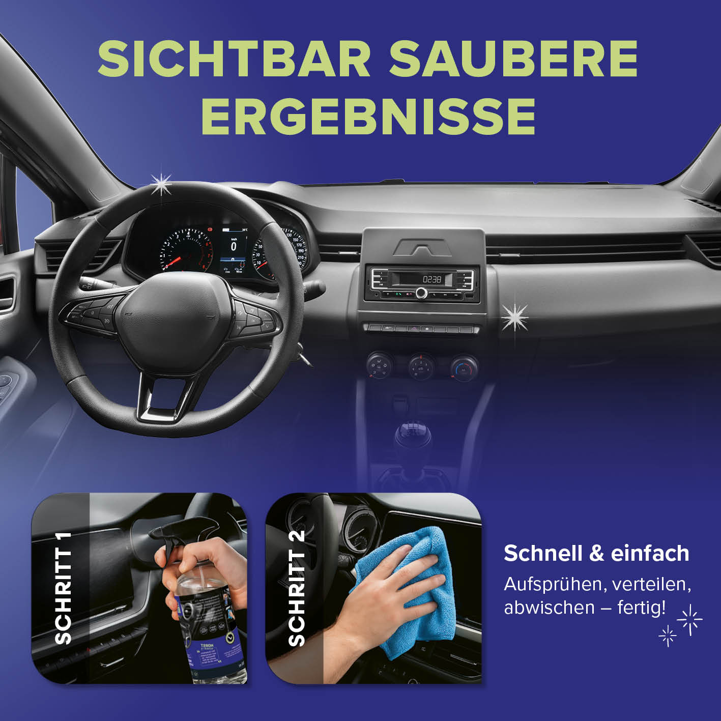 Auto-Innenraumreiniger in Galerieposition 4, quadratisch 1417x1417, zeigt sauberes Autoinnenraum-Dashboard nach Anwendung.