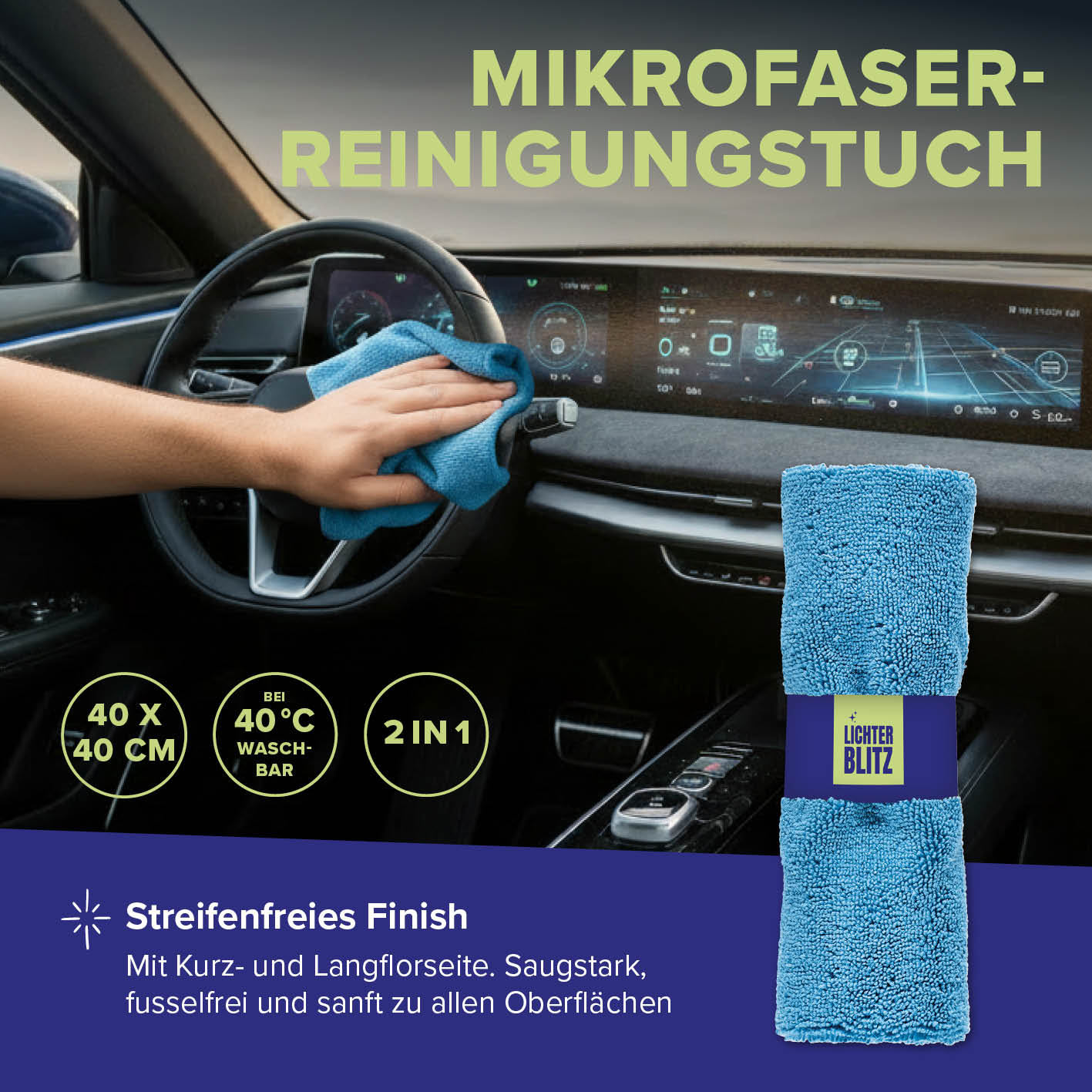 Reinigungsset Autoinnenräume – 4-teilig mit Mikrofaser-Reinigungstuch für streifenfreie und sanfte Innenraumpflege im Auto.