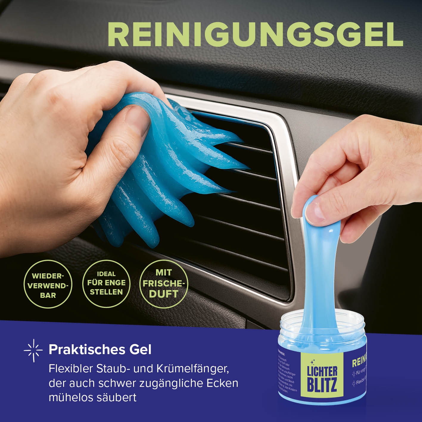 Reinigungsset Autoinnenräume – 4-teilig mit praktischem Gel zur gründlichen Reinigung schwer zugänglicher Autoinnenräume.