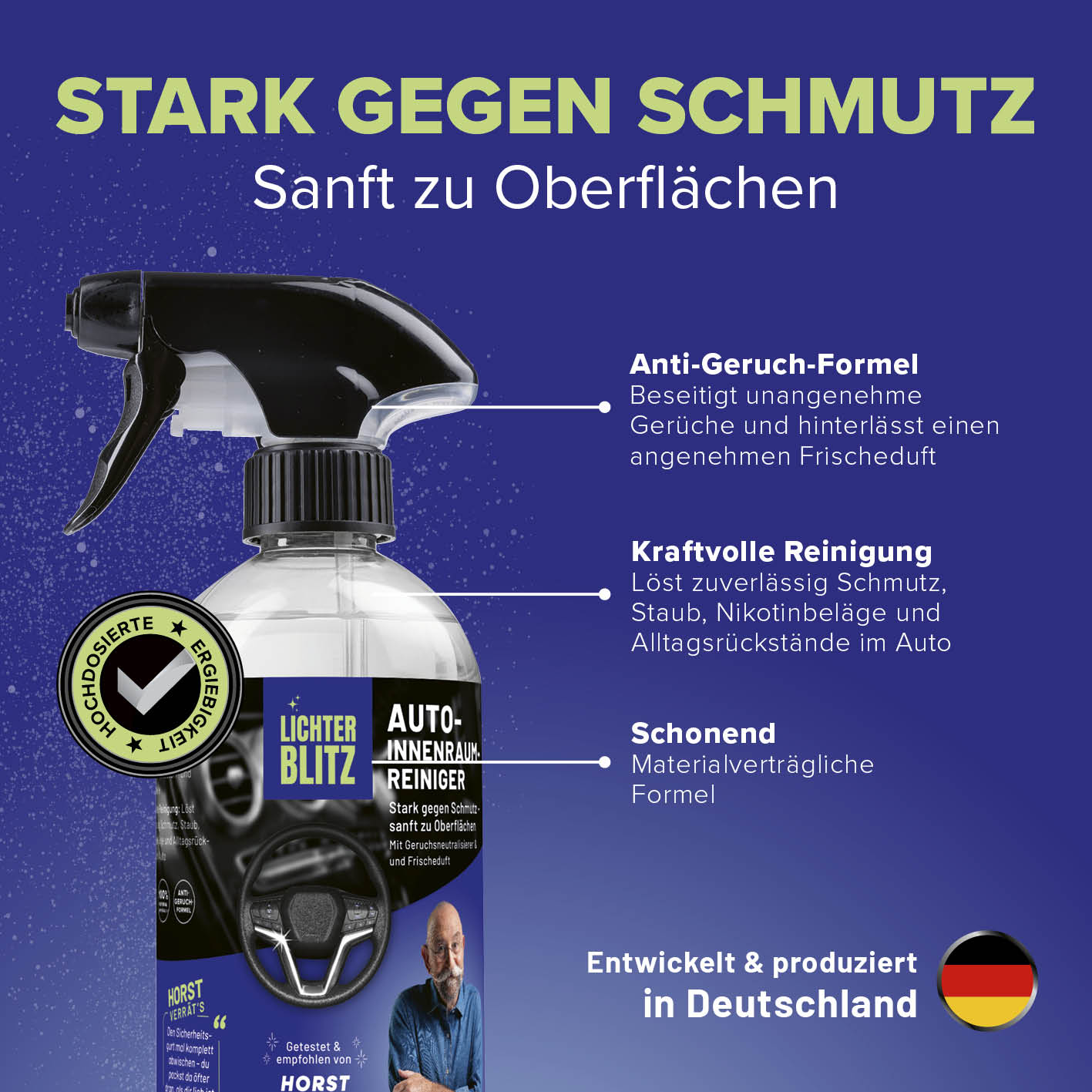 Reinigungsset Autoinnenräume – 4-teilig für schonende und kraftvolle Reinigung, beseitigt Gerüche, getestet von Horst Lichter, hergestellt in Deutschland.