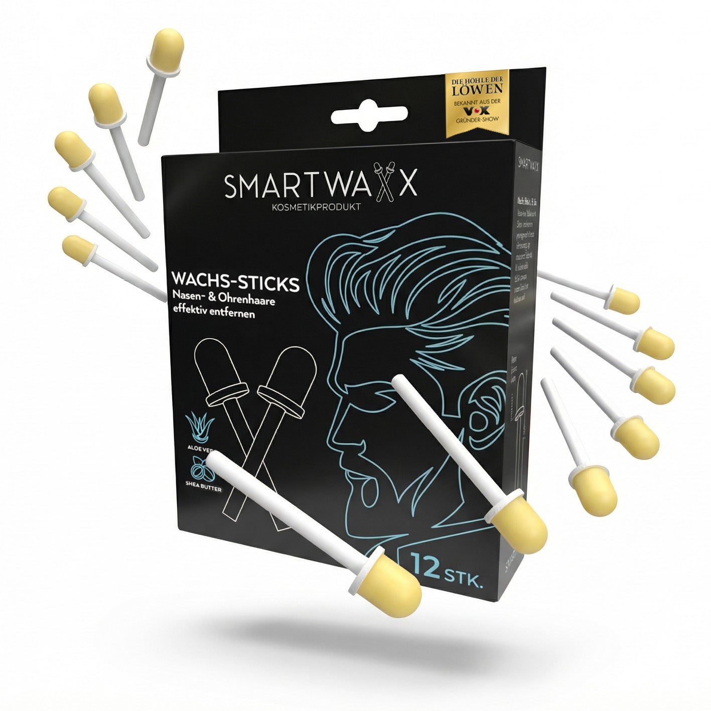 Wachs-Sticks zur Entfernung von Nasen- & Ohrenhaaren - 12er-Set in quadratischer Galerieposition mit Detailabbildung der Sticks