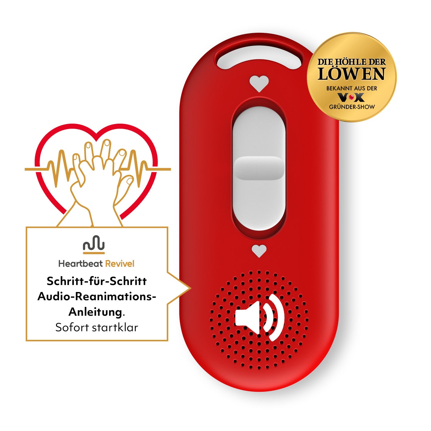 Audio-Reanimations-Anleitung – ohne App, sofort startklar, rotes Gerät mit Herzsymbol und Lautsprechersymbol für Anleitung.