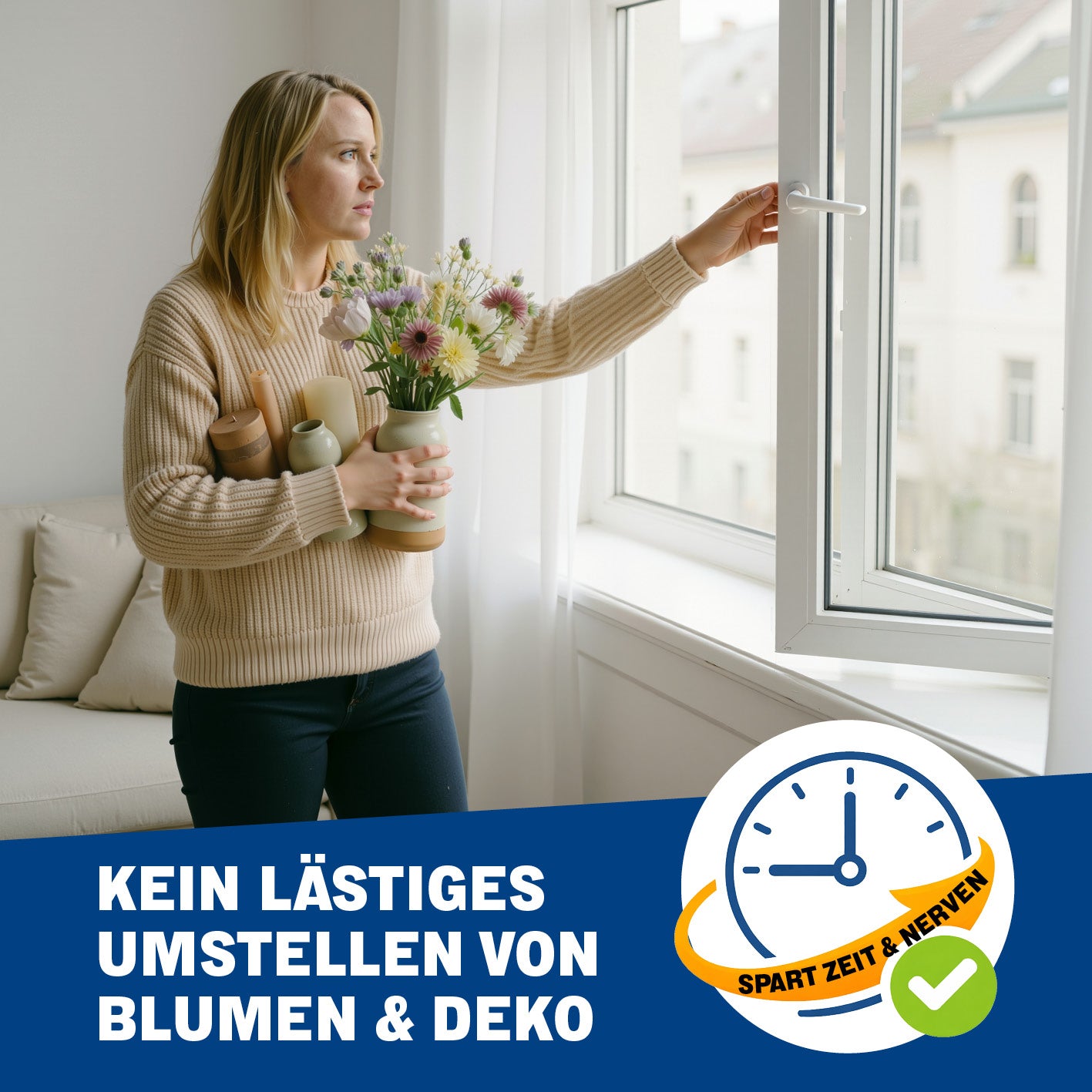 Frau öffnet Fenster, hält Blumenvasen in der Hand und nutzt dabei Flexible Fensterbank zum Lüften ohne Abräumen für bequemes Lüften.