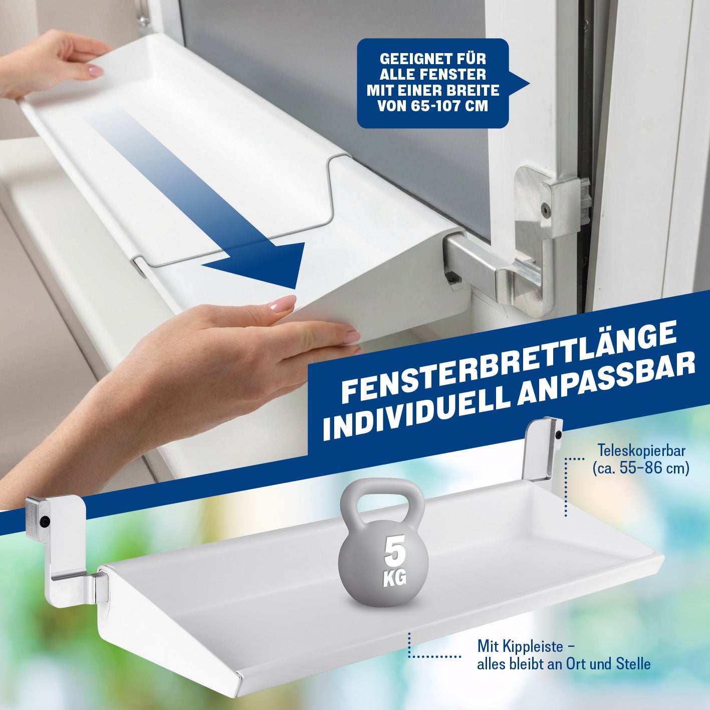 Flexible Fensterbank zum Lüften ohne Abräumen, teleskopierbar von 55 bis 86 cm, mit Klemmleiste für sicheren Halt ohne Bohren oder Kleben.