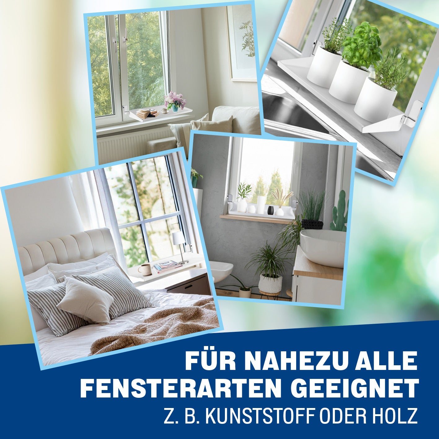 Flexible Fensterbank zum Lüften ohne Abräumen, montiert an verschiedenen Fenstern aus Kunststoff und Holz mit Dekoration und Pflanzen.
