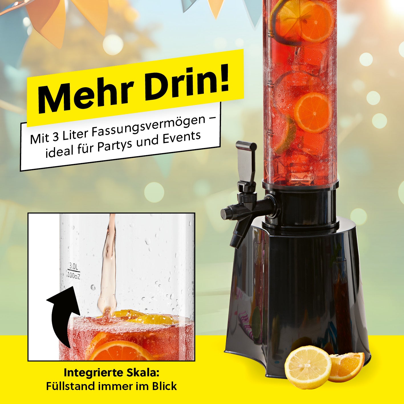 Trinksäule - 3 Liter in Galerieposition 2, quadratisch, zeigt integrierte Skala und tropffreien Zapfhahn für einfache Nutzung