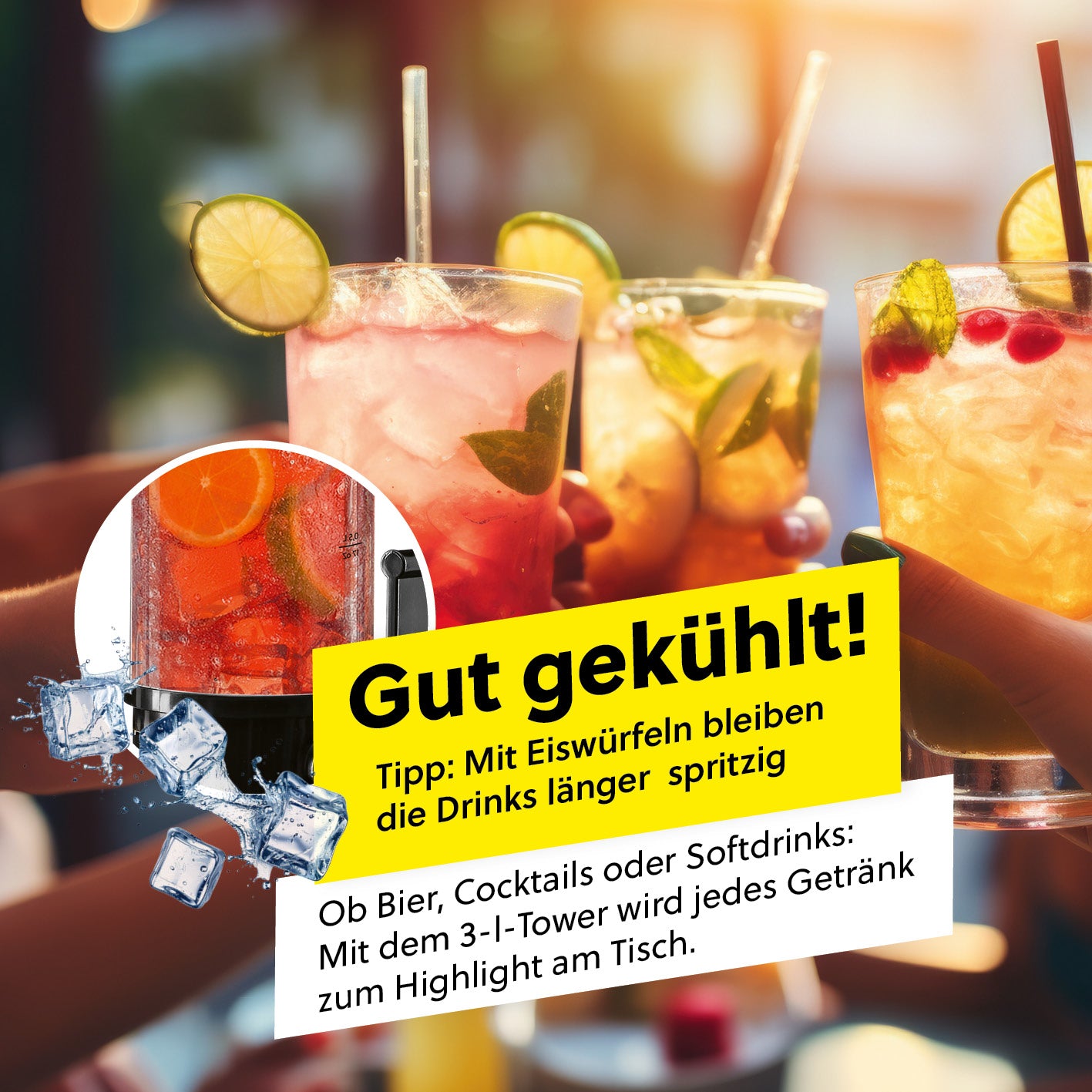 Trinksäule - 3 Liter als 7. Bild der Galerie mit kühlem Drink und Eiswürfeln, quadratisch 1417x1417 px