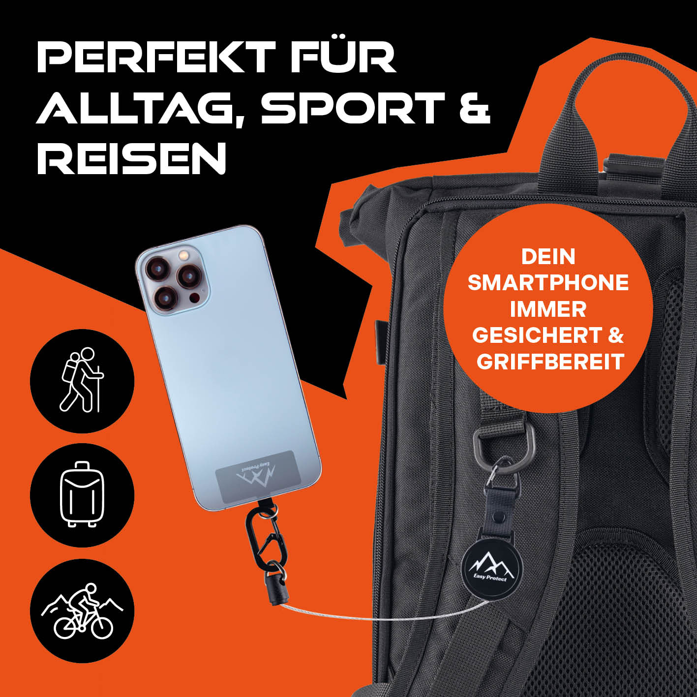 Handy Sicherung mit Stahlseil & Karabiner, 80 cm Anti-Drop Kabel sichert Smartphone beim Sport, Reisen und Alltag am Rucksack.