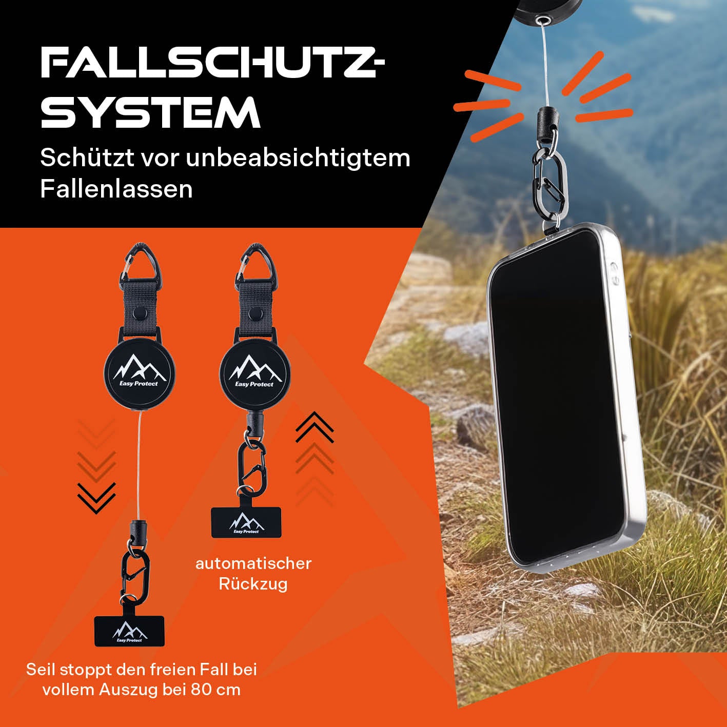 Handy Sicherung mit Stahlseil & Karabiner, 80 cm Anti-Drop Kabel schützt Smartphone vor Fallen durch automatische Rückzugfunktion.