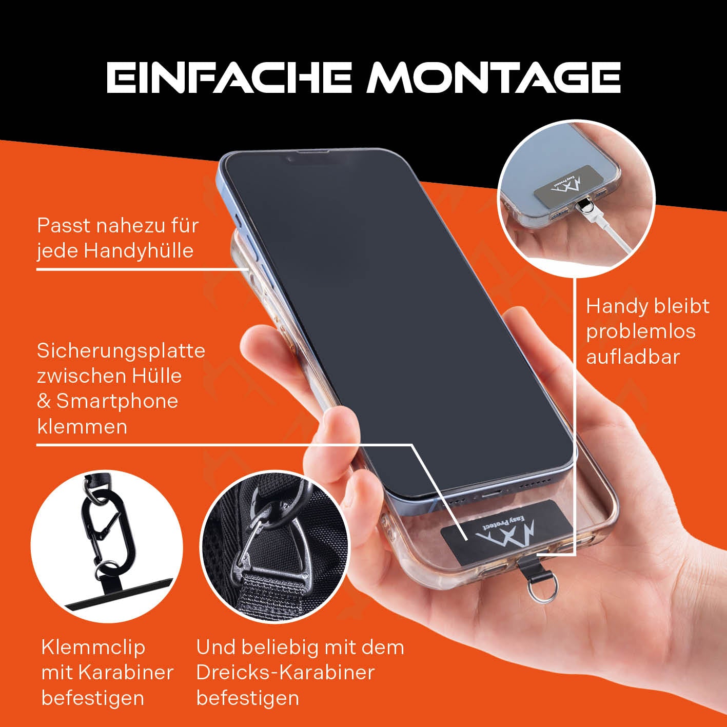 Handy Sicherung mit Stahlseil & Karabiner, 80 cm Anti-Drop Kabel zeigt einfache Montage am Smartphone mit Karabiner und Klemmschutzplatte.