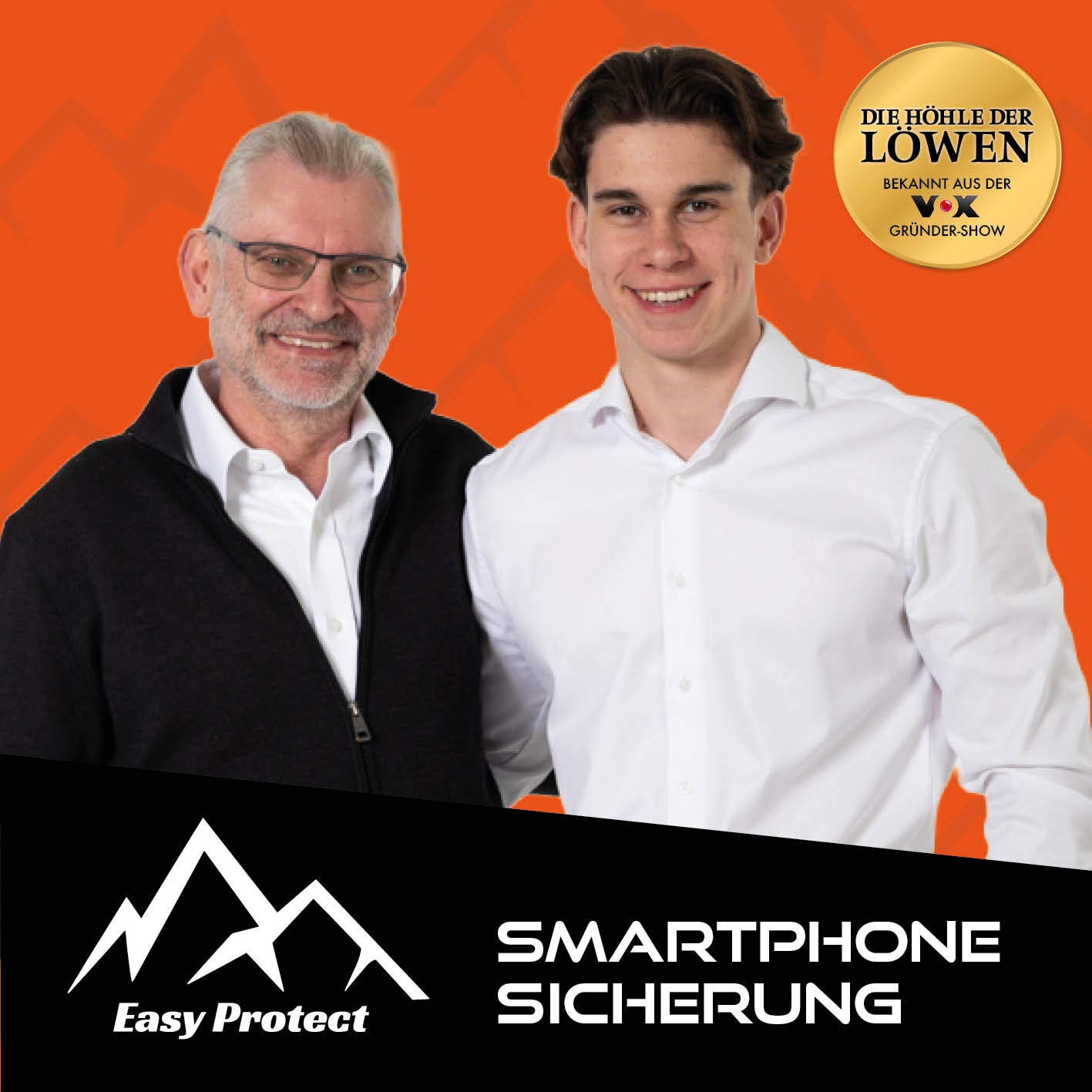 Zwei Männer vor orangefarbenem Hintergrund mit Logo und Text zur Handy Sicherung mit Stahlseil & Karabiner, 80 cm Anti-Drop Kabel.