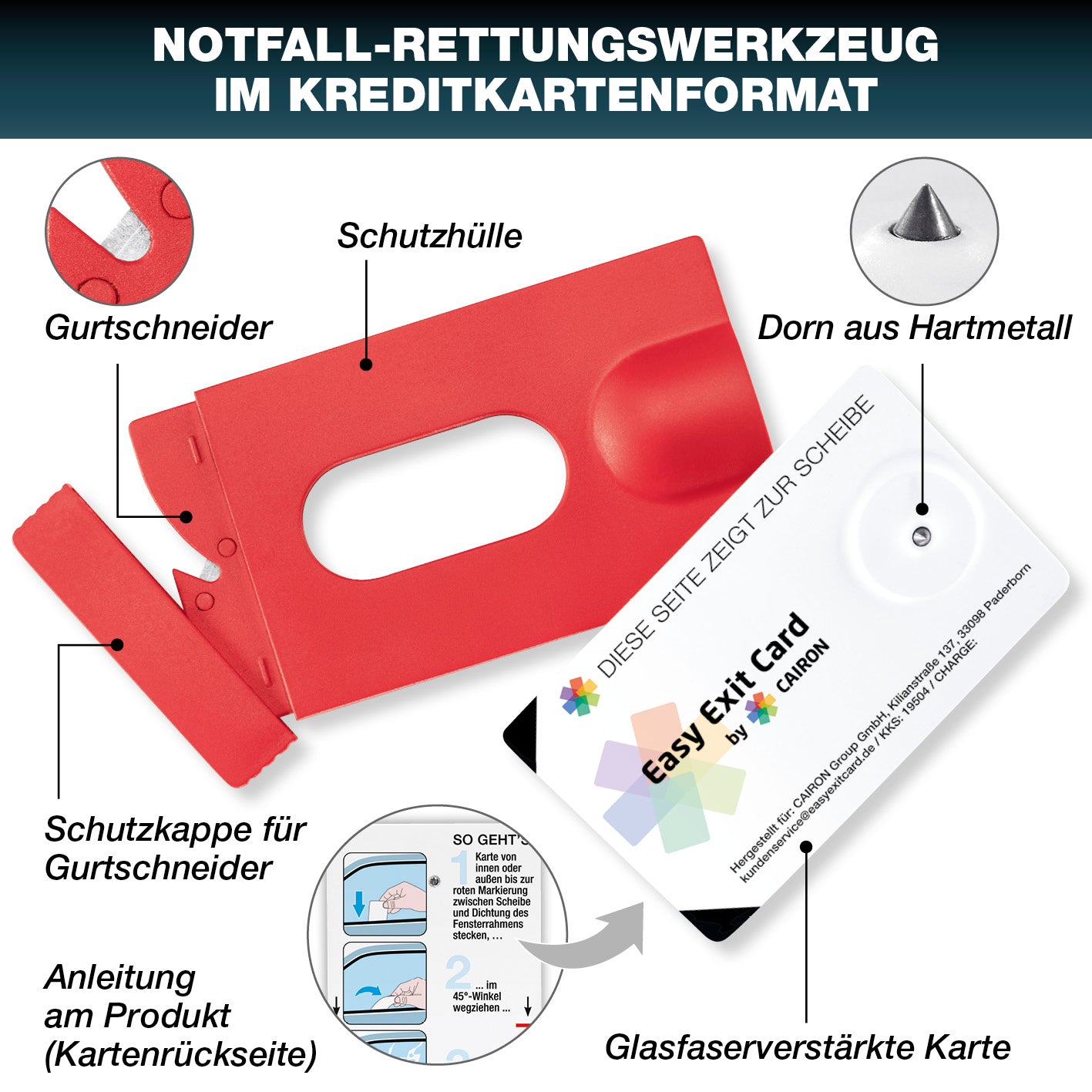 Notfall-Rettungswerkzeug im Kartenformat mit Gurtschneider, Hartmetalldorn und Schutzkappe zur schnellen Hilfe im Unfallfall.