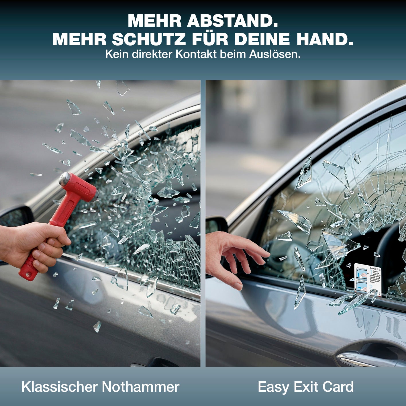 Notfall-Rettungswerkzeug im Kartenformat mit Gurtschneider zeigt sicheren Abstand beim Autoscheiben-Zerschlagen ohne direkten Handkontakt.