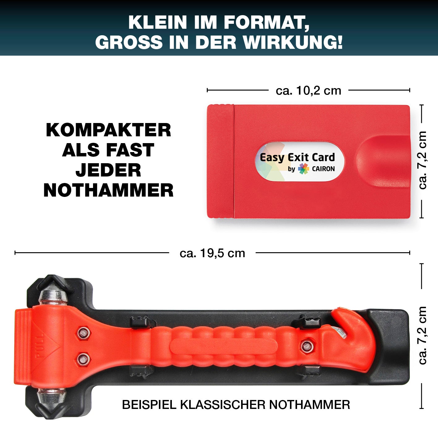Notfall-Rettungswerkzeug im Kartenformat mit Gurtschneider in Rot, kompakt und handlich, im Vergleich zu traditionellem Nothammer.