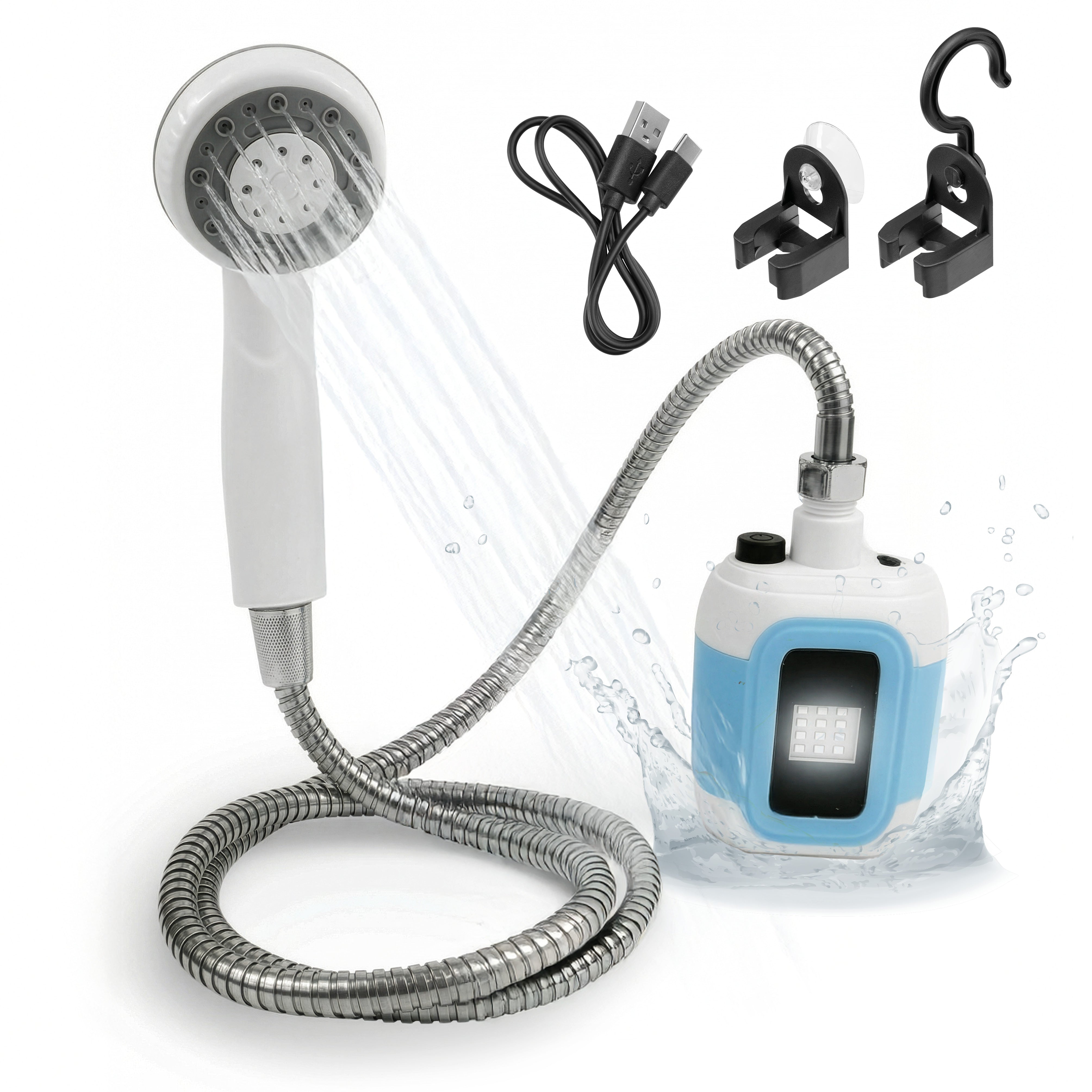 2in1-Gartendusche mit flexibler Pumpe, Duschkopf und Zubehör für mobiles Duschen und Pflanzenbewässerung im Außenbereich.