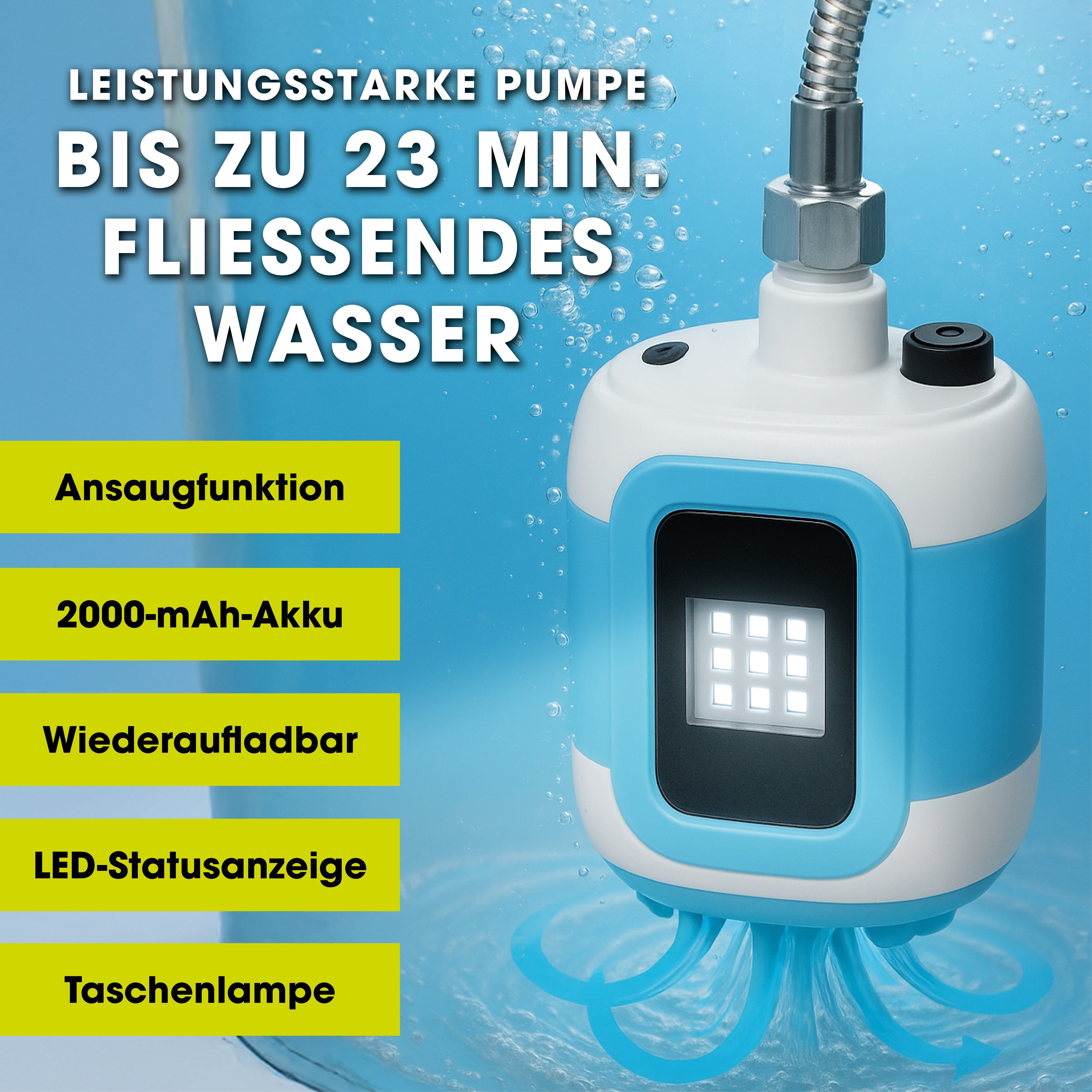 2in1-Gartendusche mit leistungsstarker Pumpe, 23 Minuten Wasserfluss, Ansaugfunktion und LED-Statusanzeige.