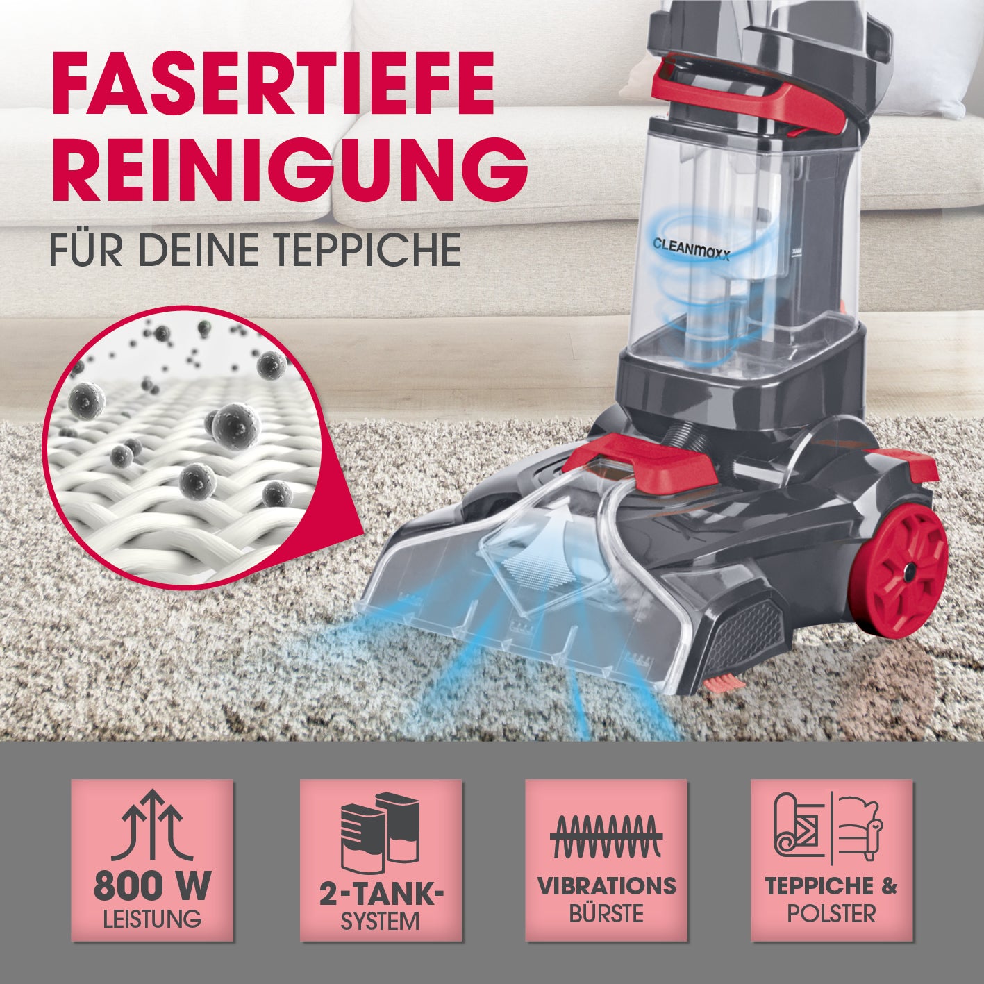 Teppichreiniger AquaStream Plus zeigt Tiefenreinigung von Teppichen mit 800 W Leistung und Vibrationsbürste für Teppiche und Polster.