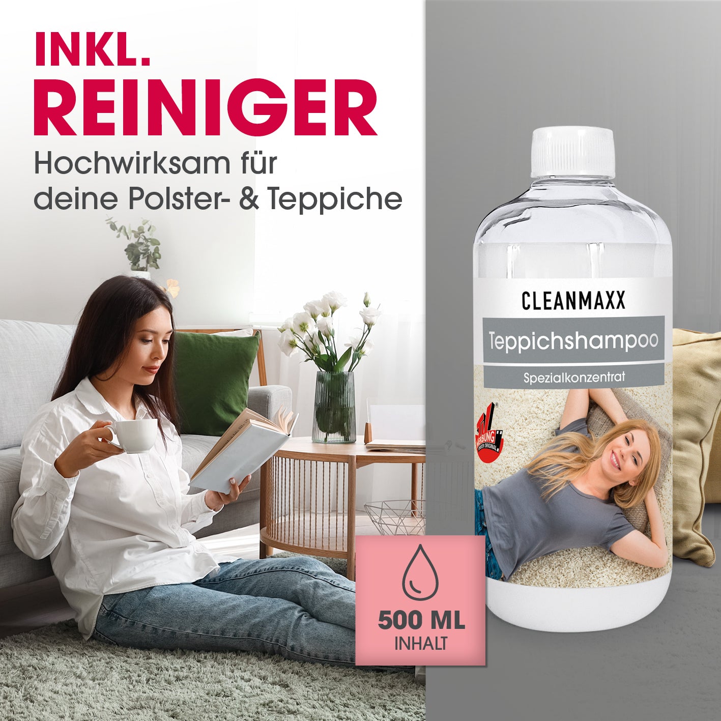 Flasche Teppichshampoo mit 500 ml Inhalt neben entspannter Frau auf Teppich, inkl. Reiniger für Teppichreiniger AquaStream Plus.